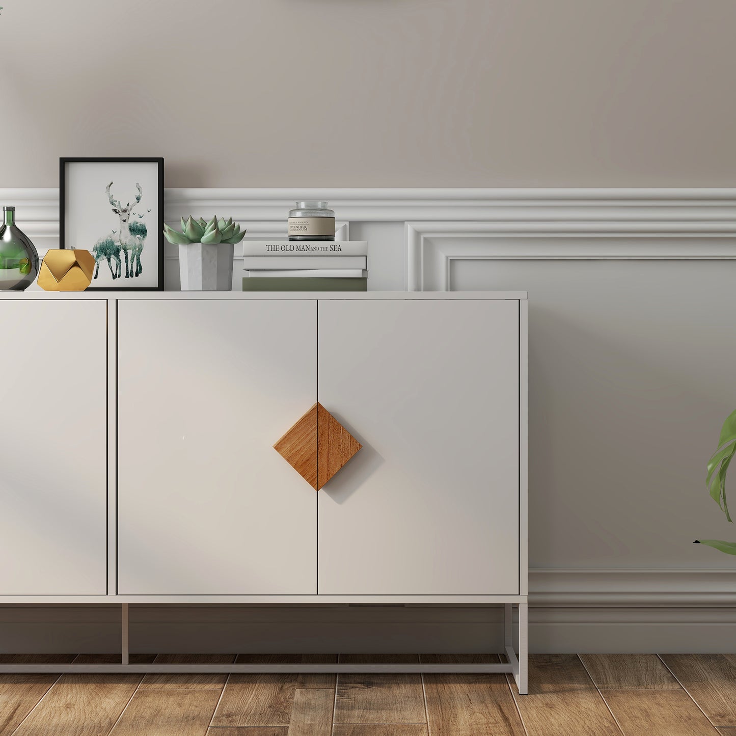 Modern white sideboard with wooden geometric handles