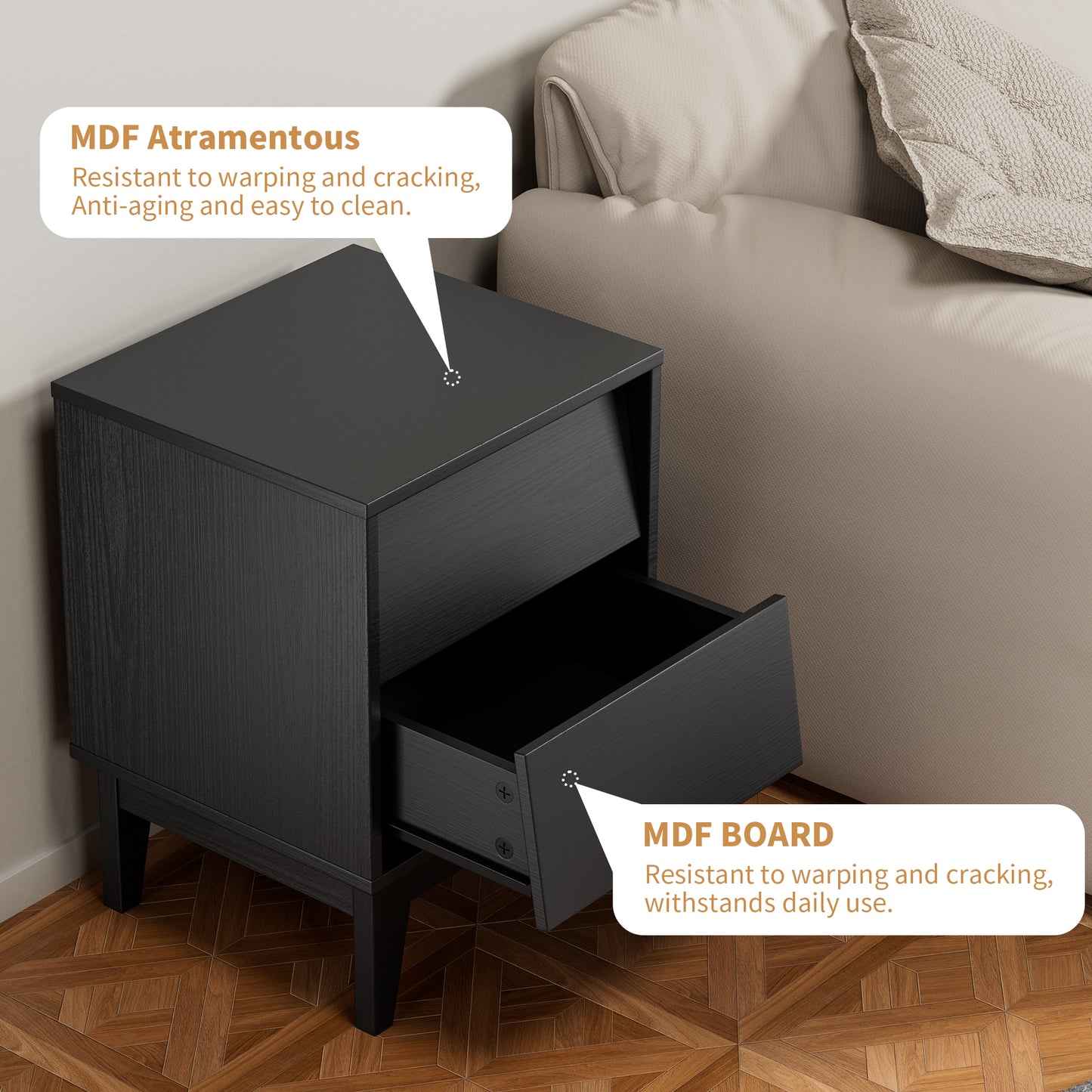 Black MDF nightstand with two drawers one open showing durable construction