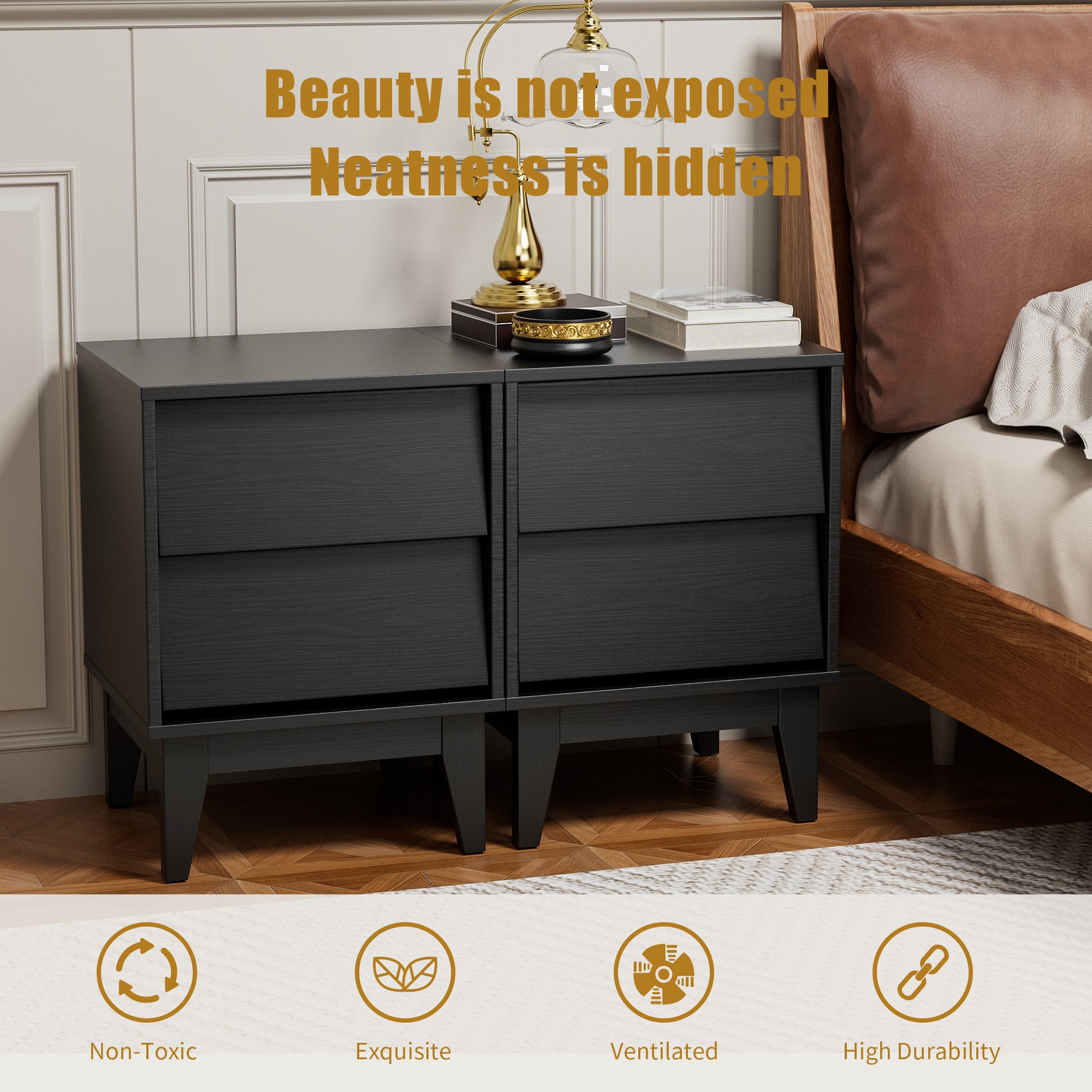 Black modern nightstand with two drawers