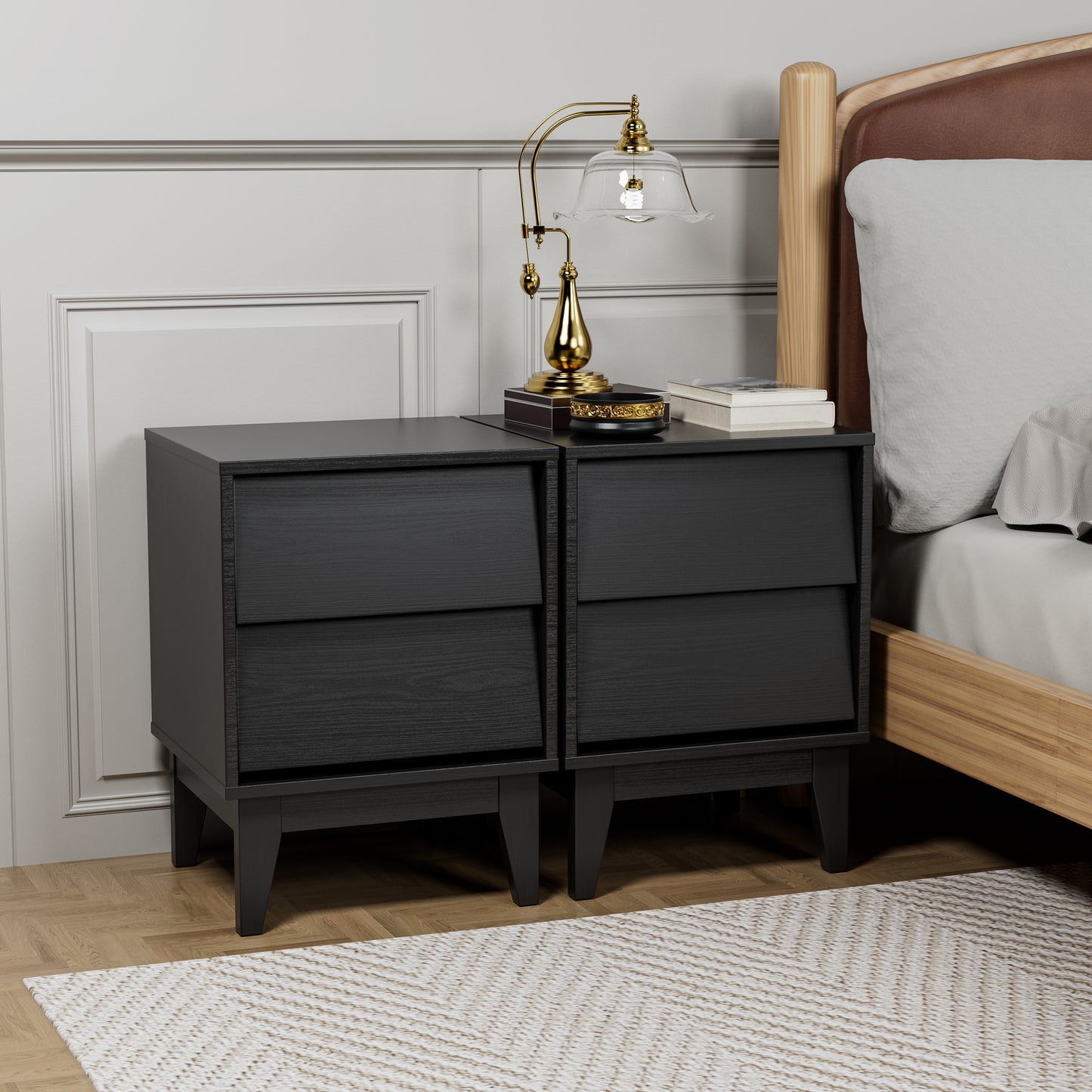 Black modern nightstand with two drawers