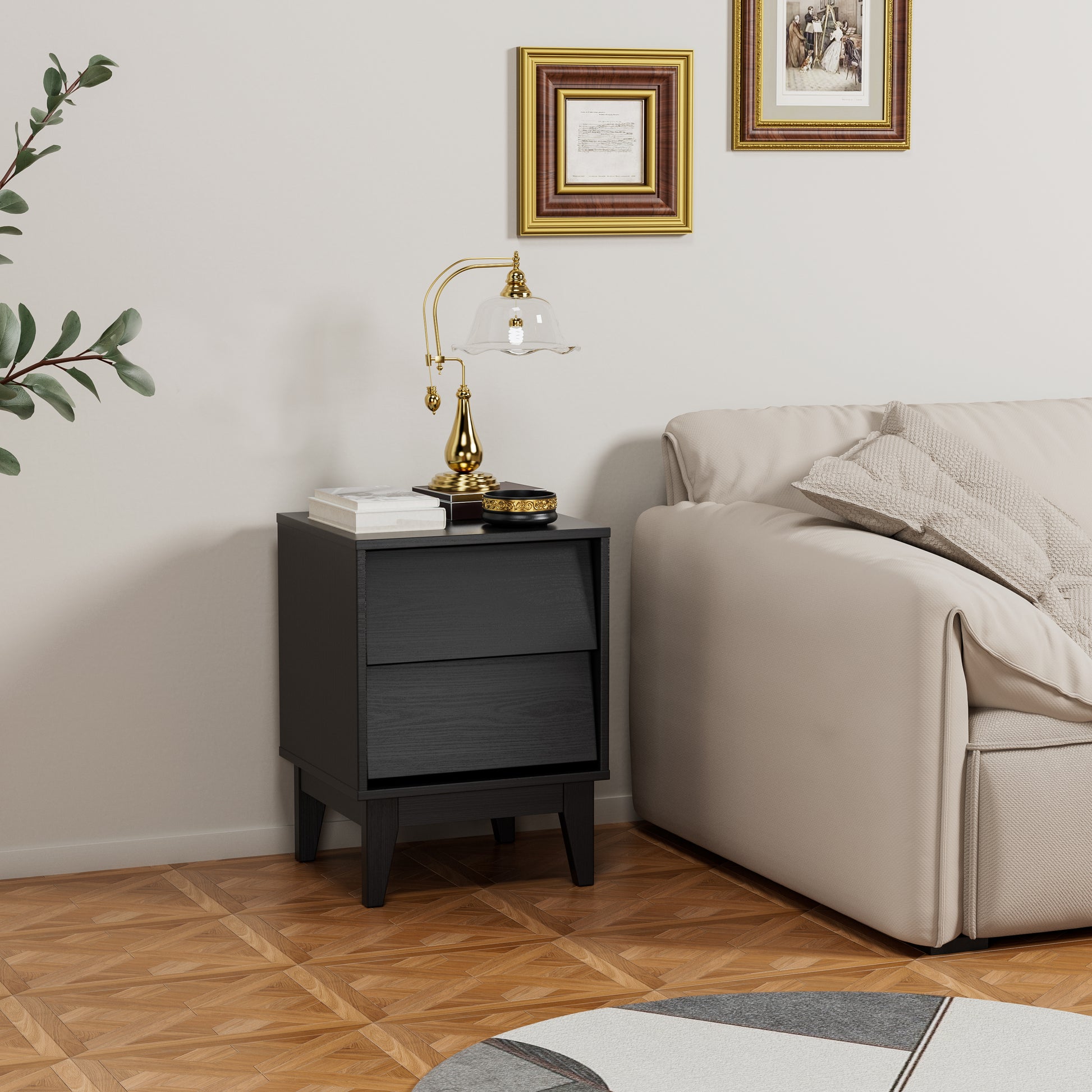 Black modern bedside table with two drawers and wood grain finish