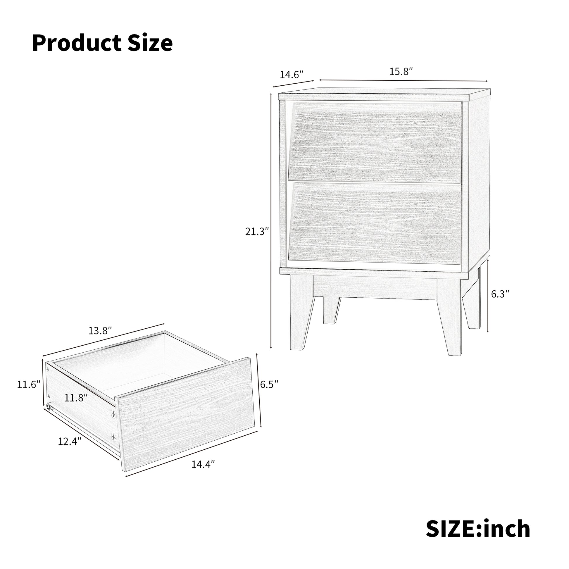 Line drawing of a twodrawer nightstand with dimensions  x  x  inches
