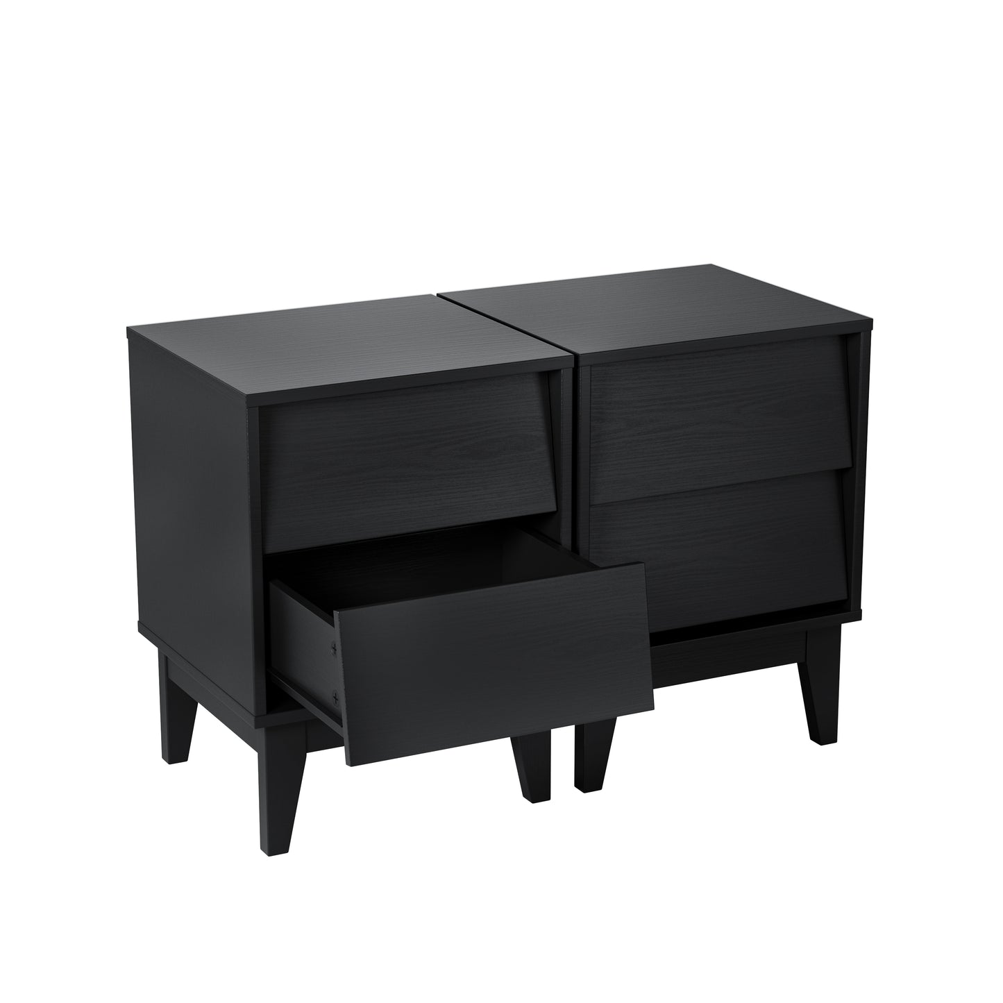Two black wooden nightstands with angled fronts one drawer open on tapered legs