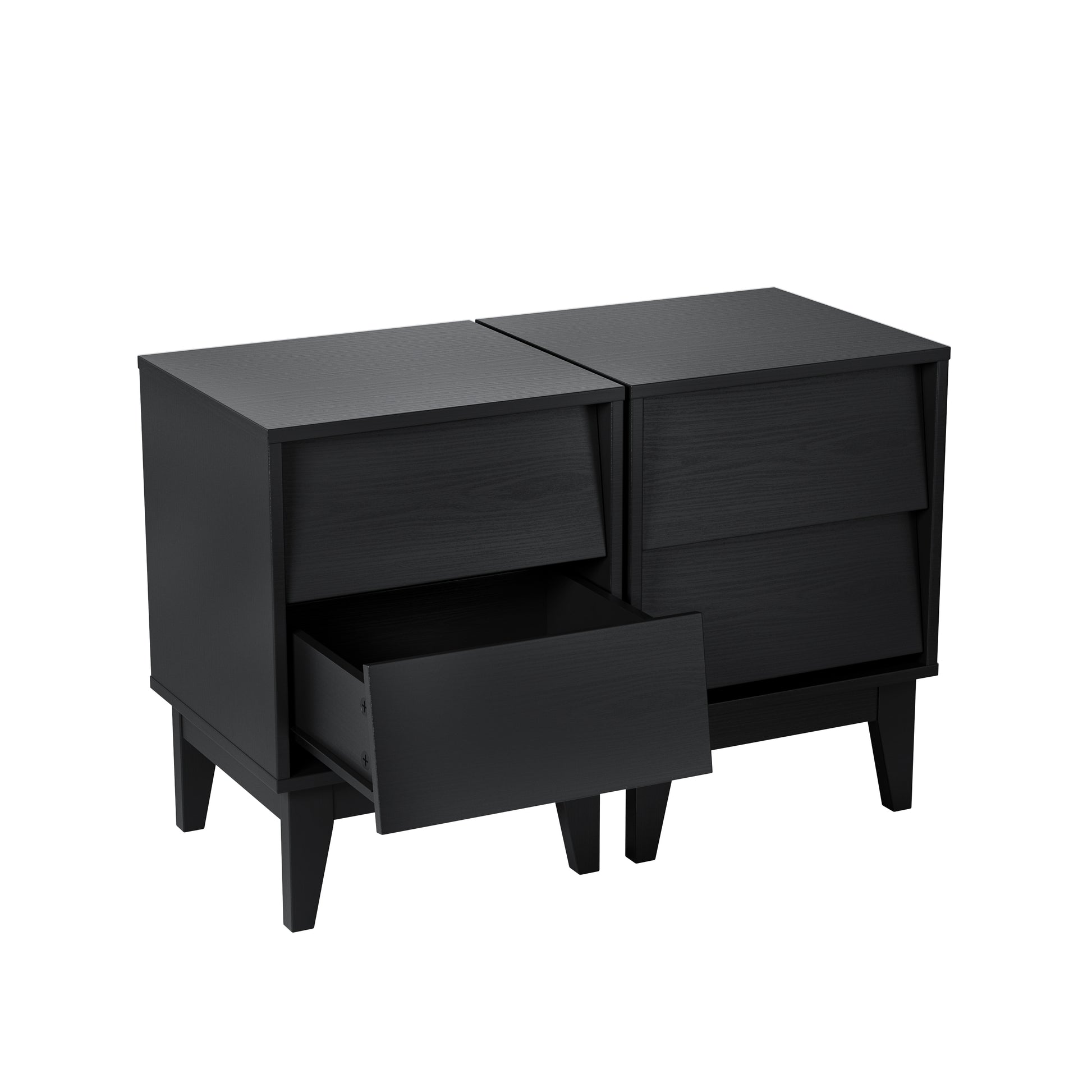 Two black wooden nightstands with angled fronts one drawer open on tapered legs