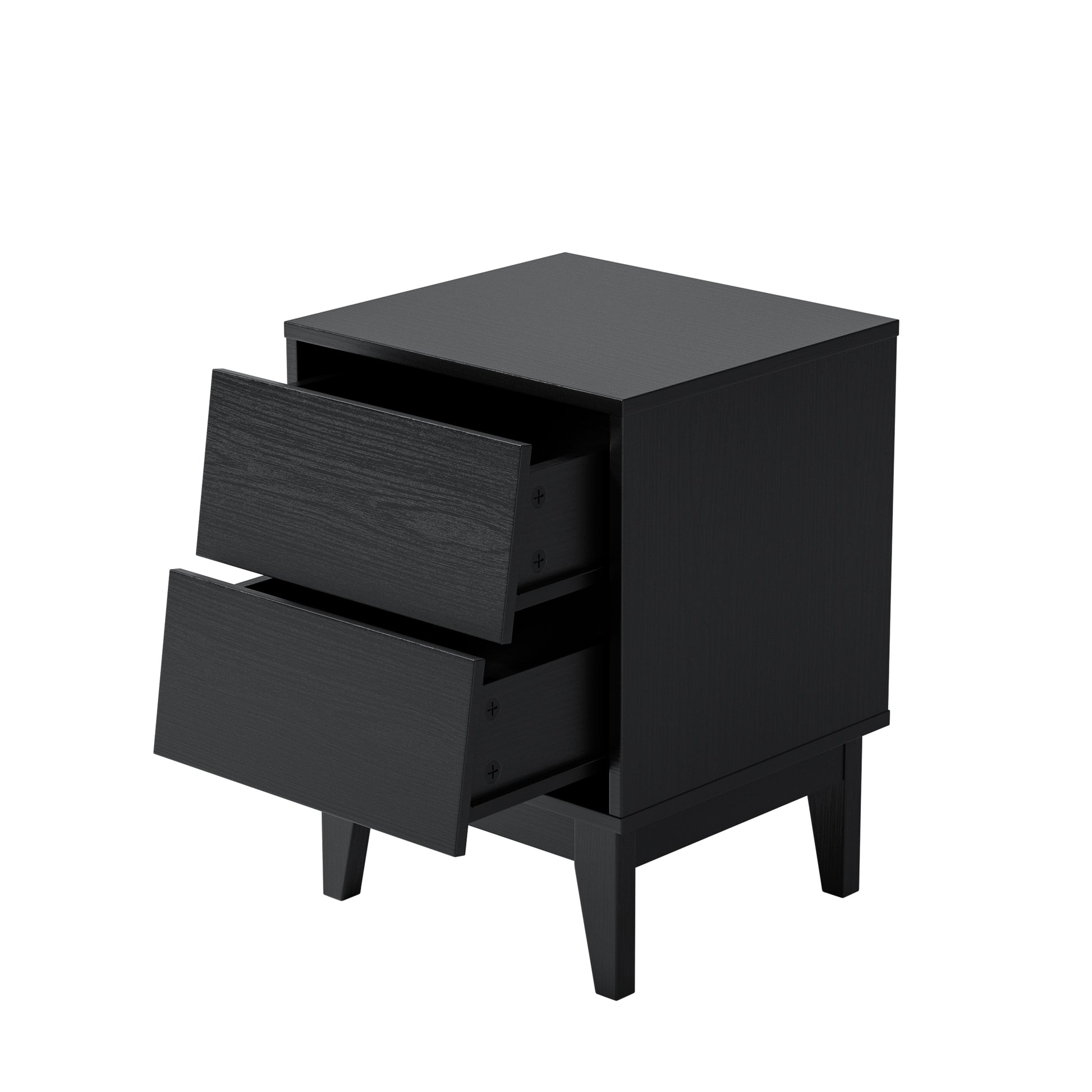 Sleek black nightstand with two drawers featuring a modern minimalist design and wooden texture