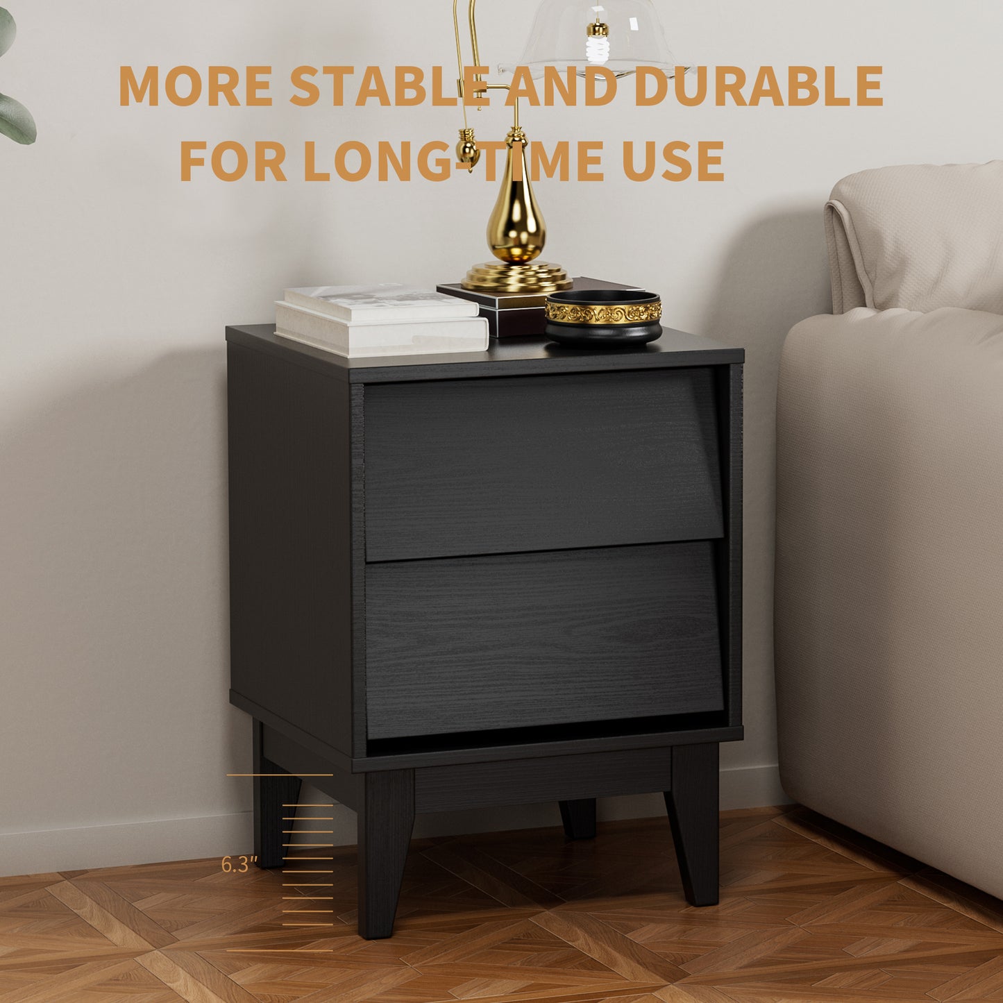 Black modern nightstand with two drawers and tapered legs