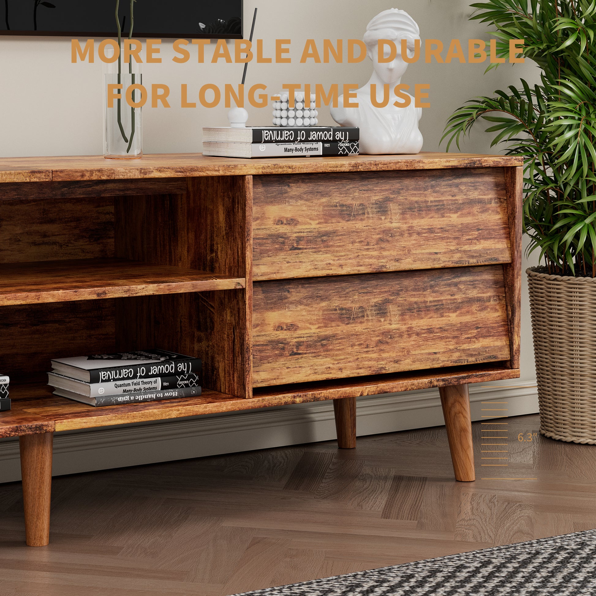 Rustic wood media console with two drawers and open shelving