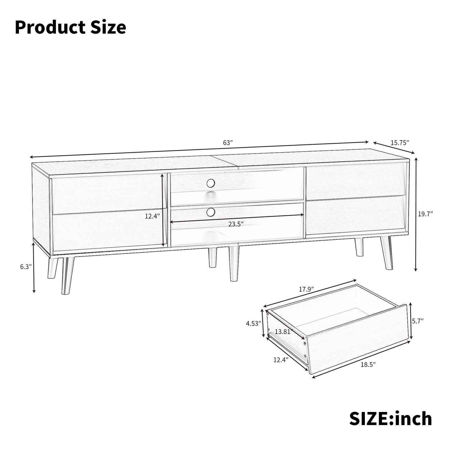 Diagram showing dimensions of a modern media console with two drawers and open shelving