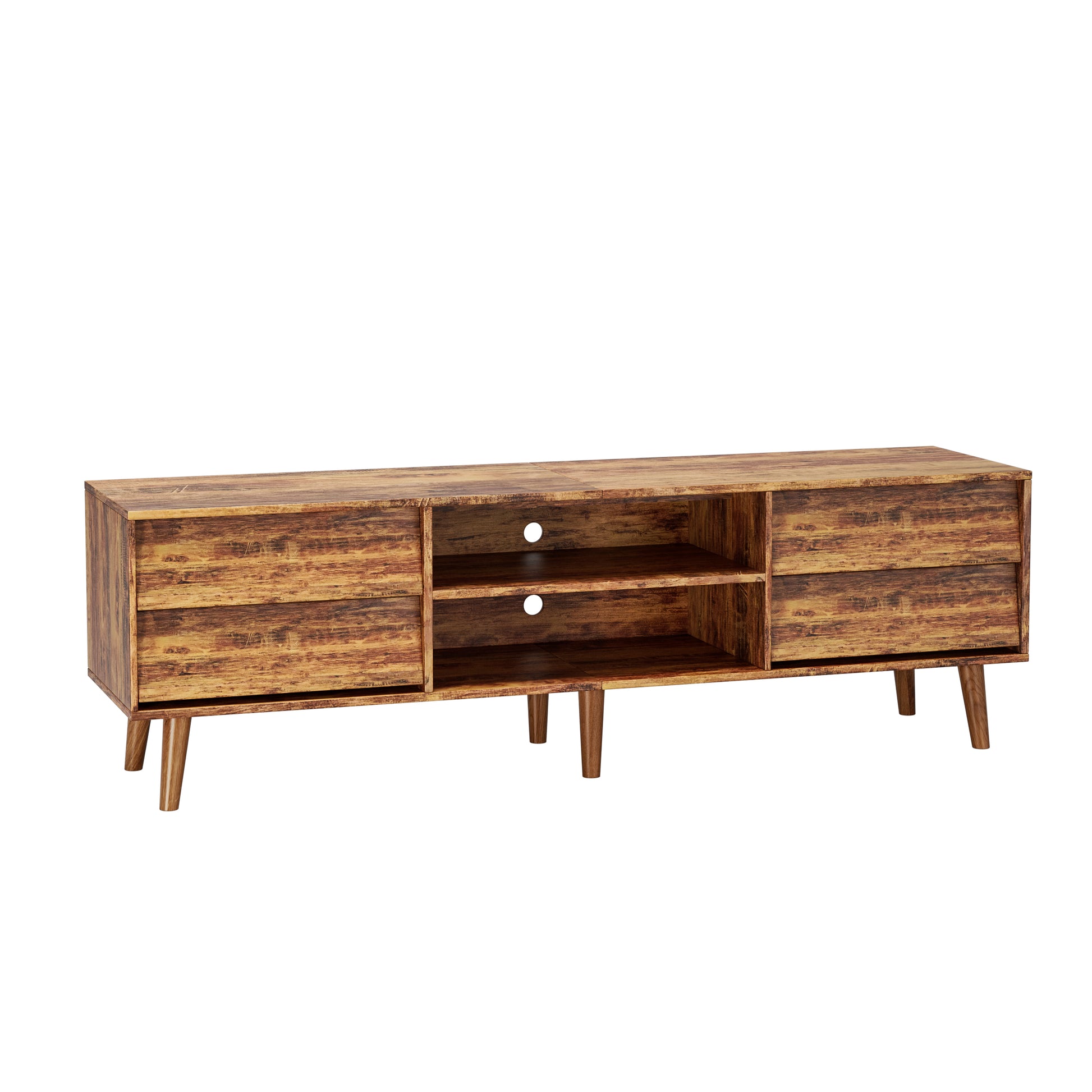 Rustic brown TV stand with two drawers and open shelving