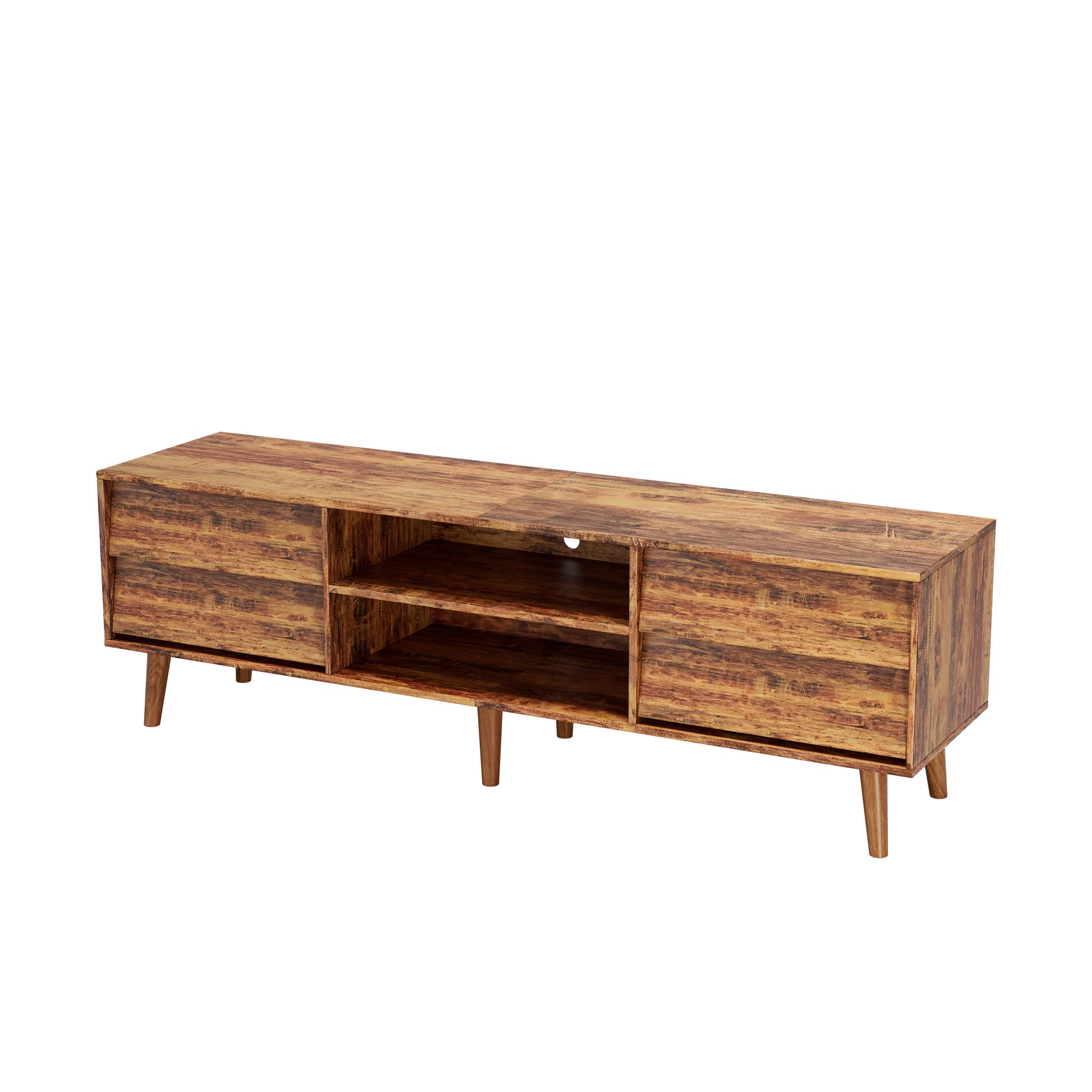 Vintage wood media console with two drawers and open shelving