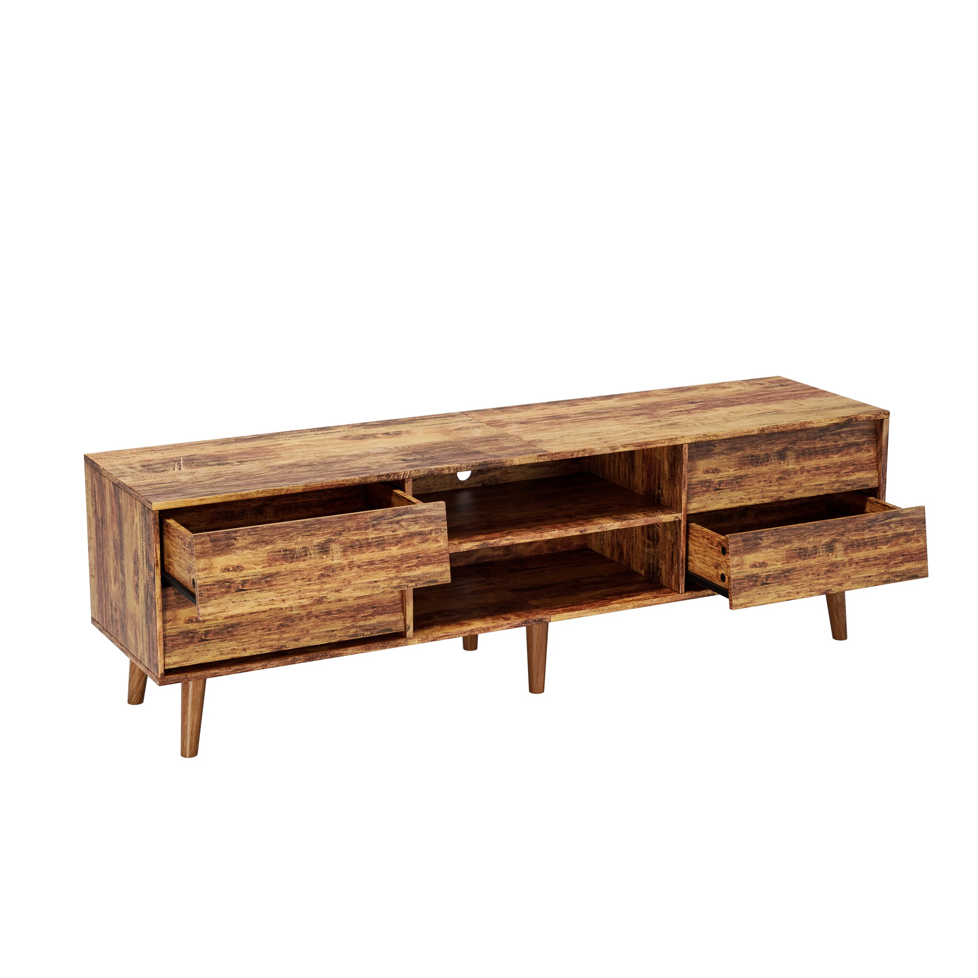 Rustic brown wood TV stand with open shelves and two drawers
