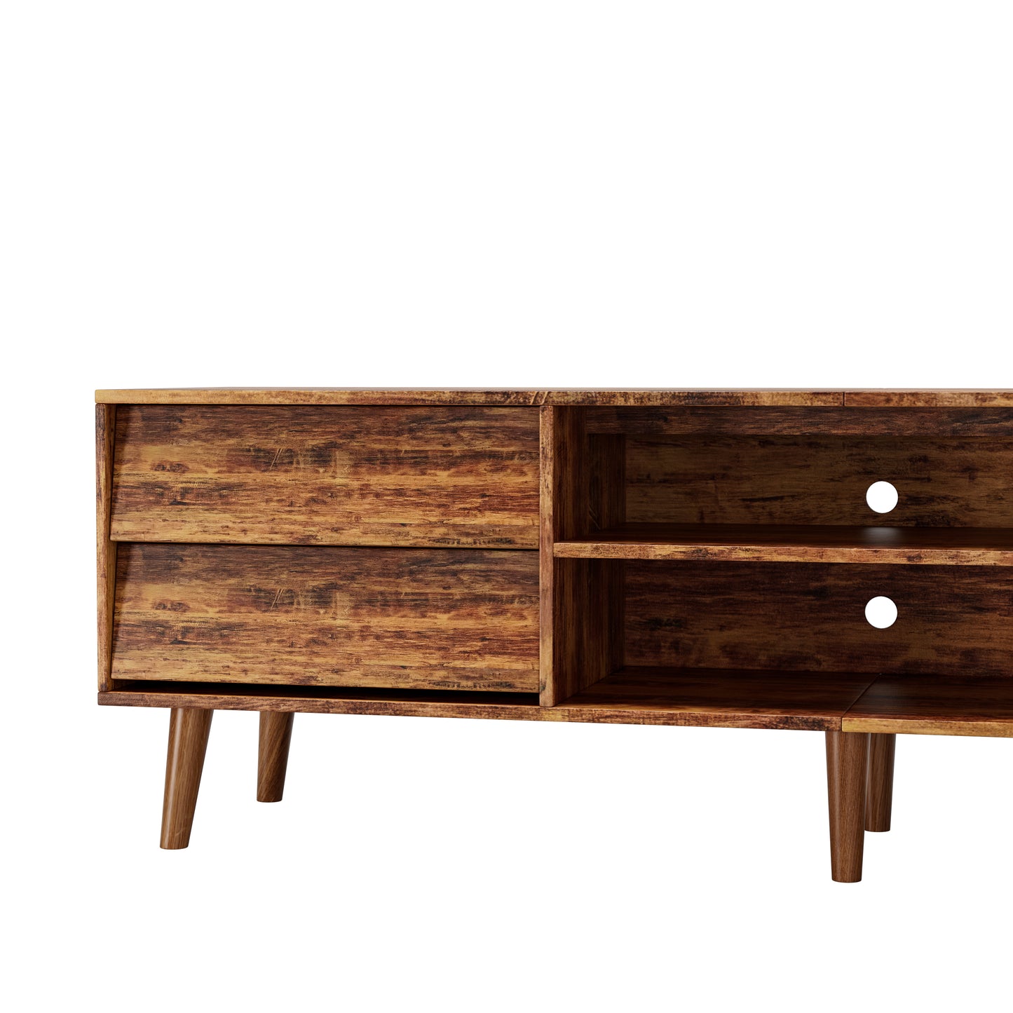 Rustic brown wood media console with two drawers and open shelving