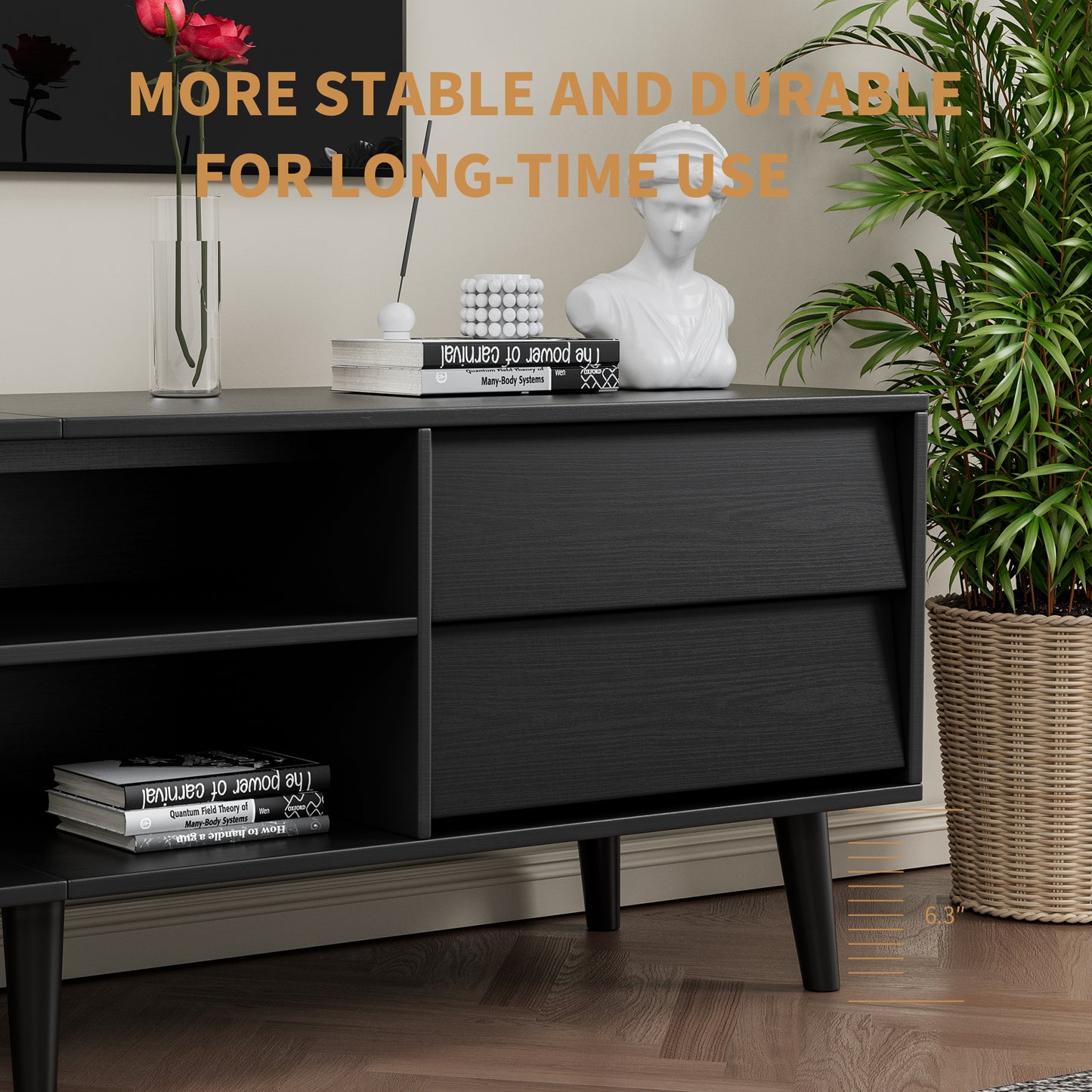 Modern black media console with two drawers and open shelving