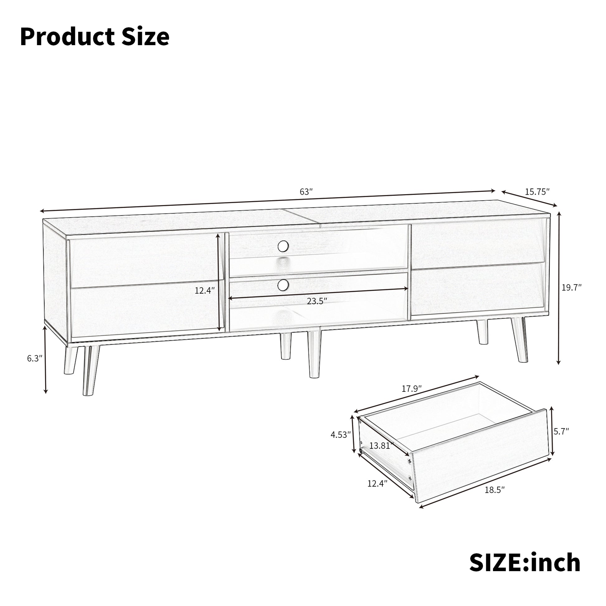 Line drawing showing a  inch TV stand with dimensions