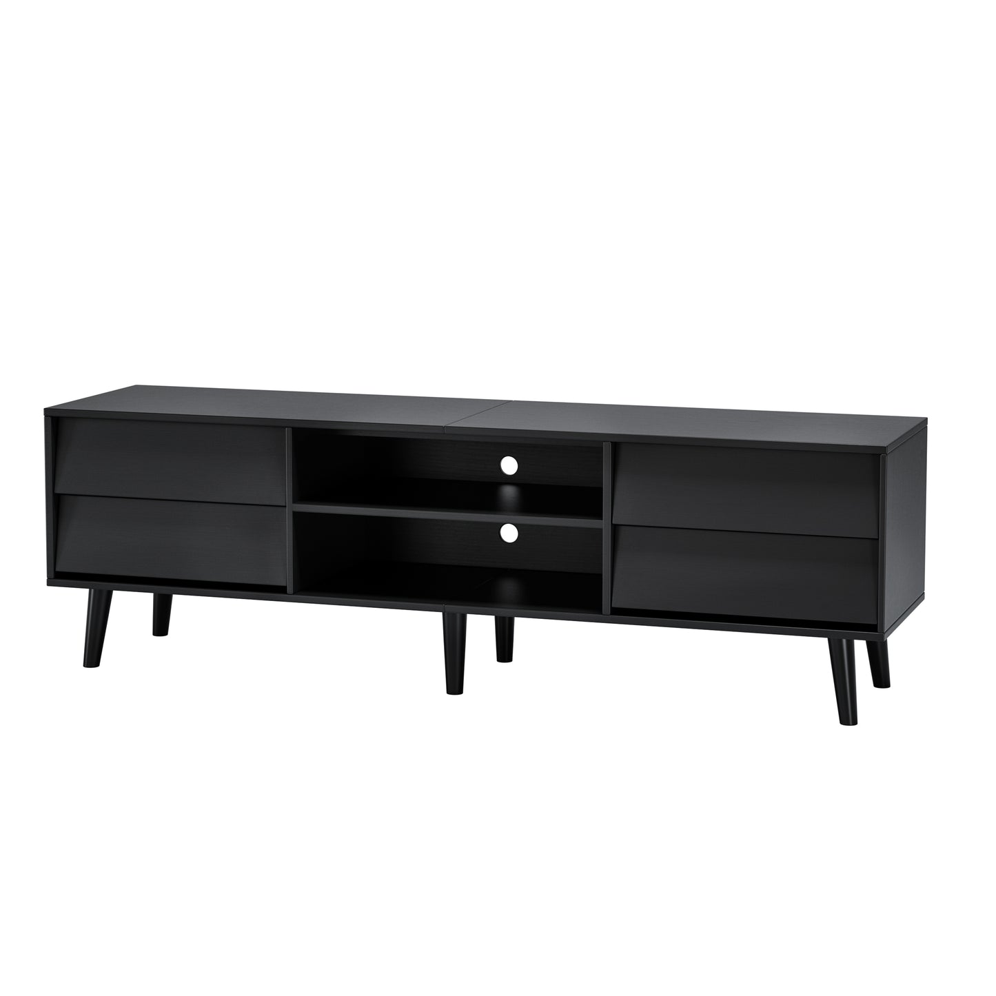 Black modern media console with two drawers and open shelving