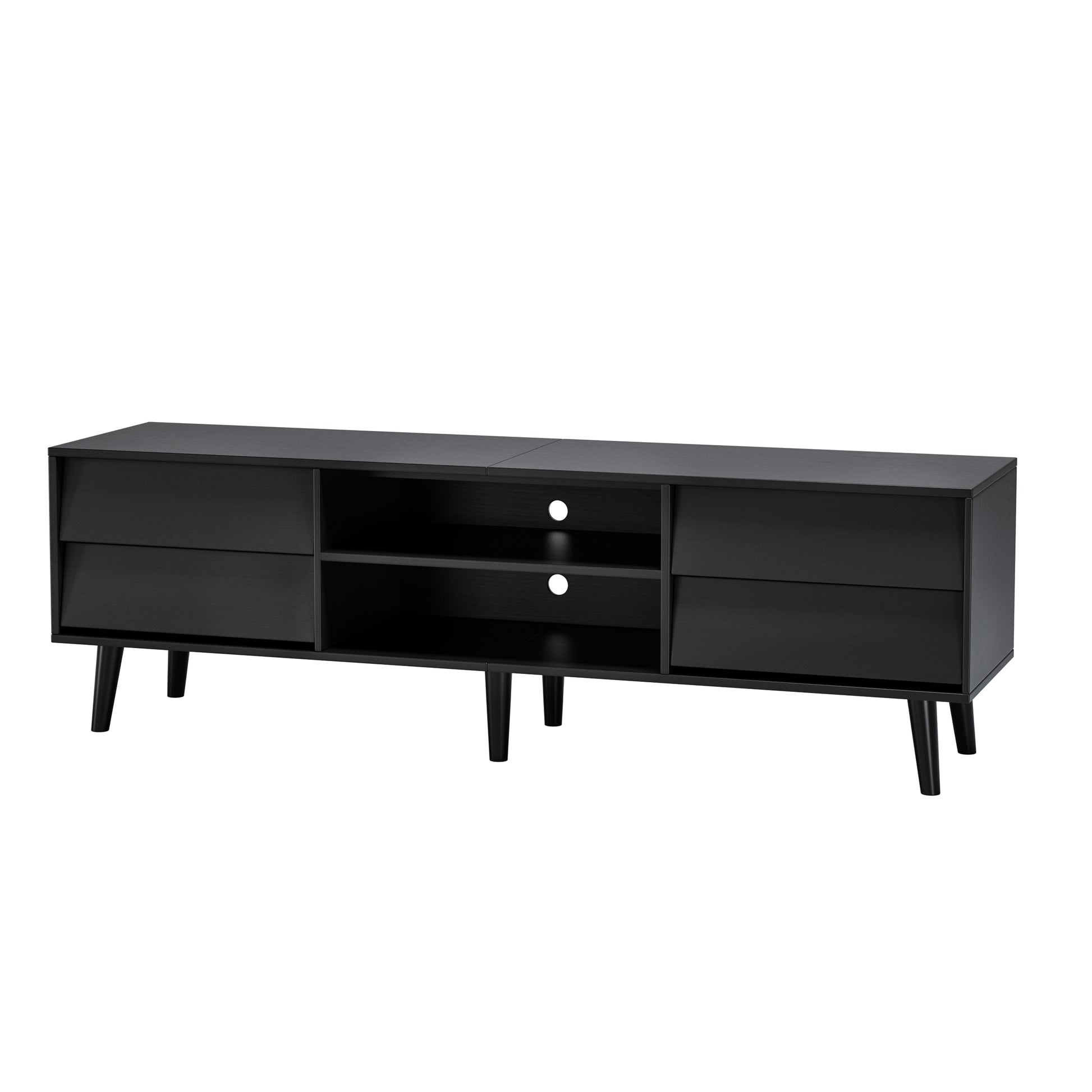 Black modern media console with two drawers and open shelving