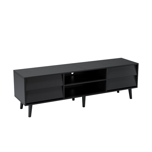 Sleek black media console with tapered legs and two open shelves