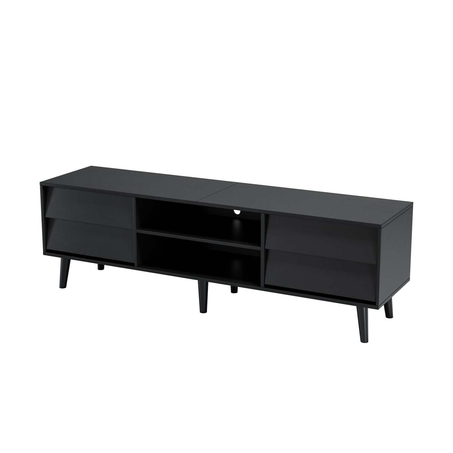 Black modern TV stand with slatted drawer fronts and open shelving