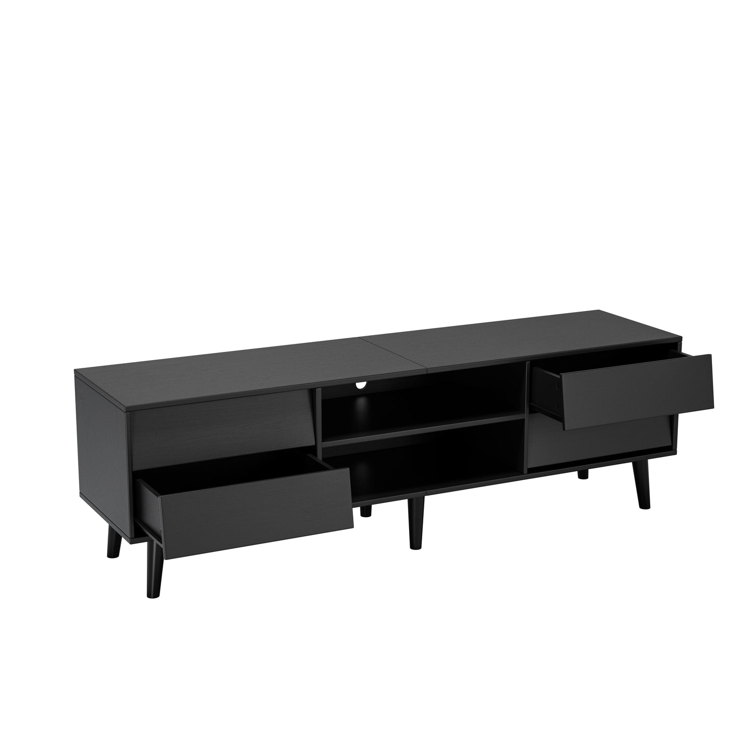 Black contemporary TV stand with open shelves and drawers