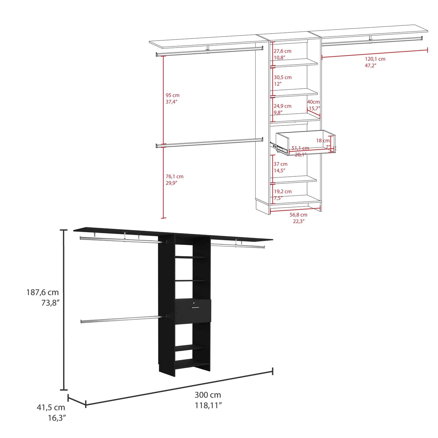 Black closet system with adjustable shelves and drawer