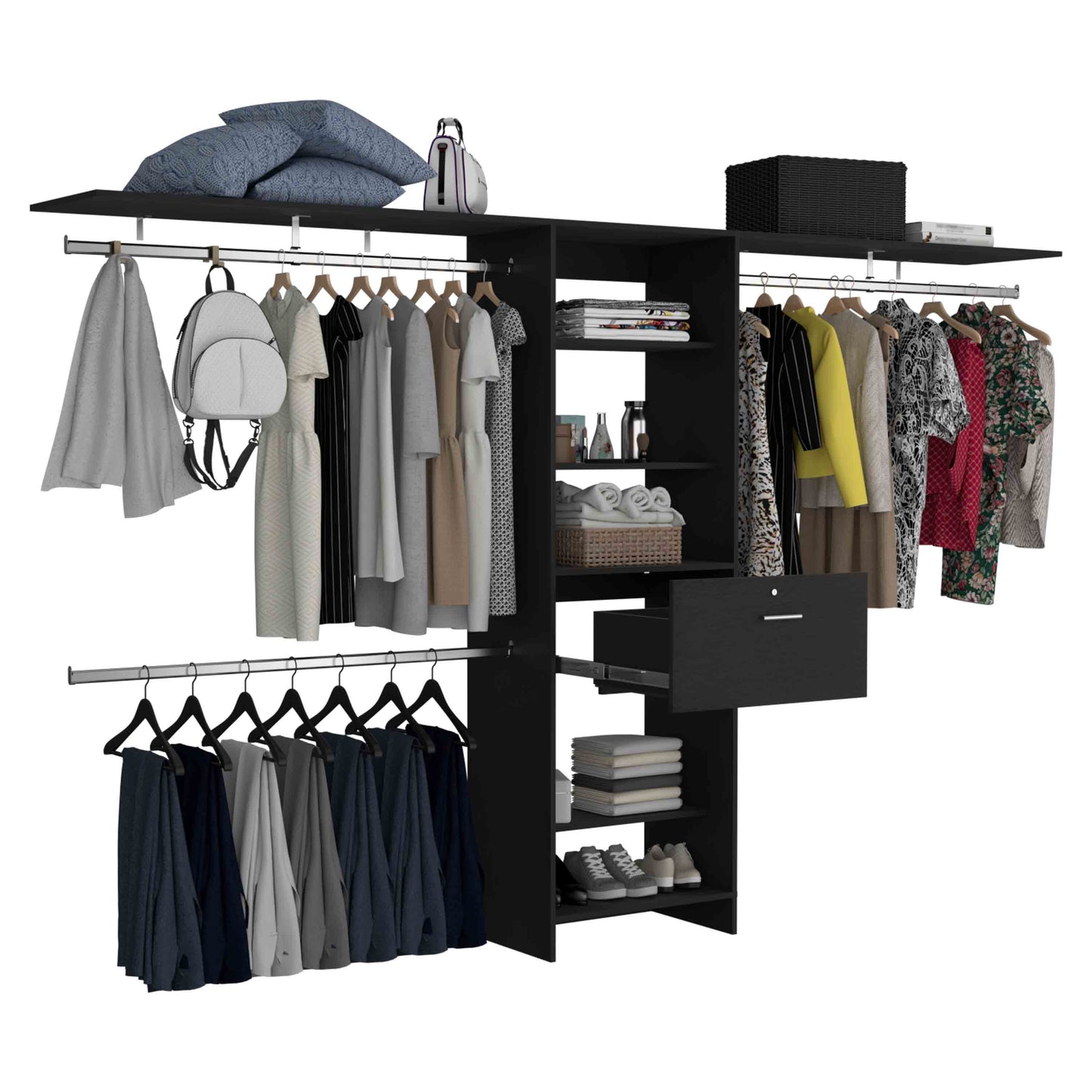 Black modular closet system with organized clothing and accessories
