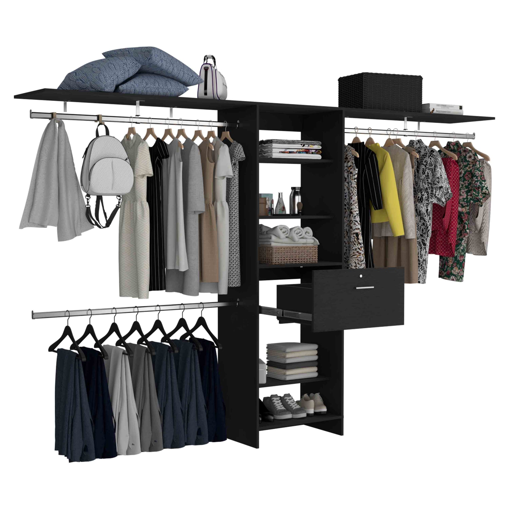 Black modular closet system with organized clothing and accessories