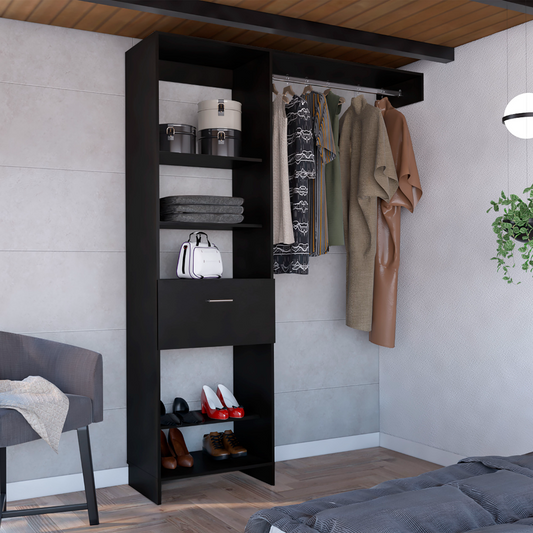 Modern black closet system with open shelves and hanging rod