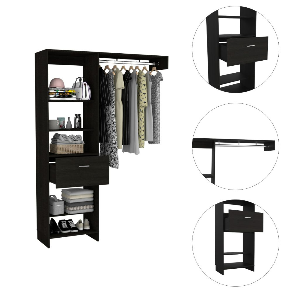 Dark wood closet organizer with hanging clothes and shelves