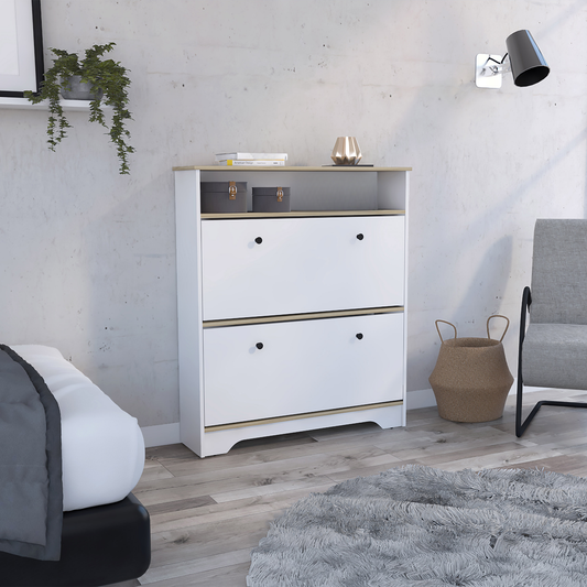 White twodoor shoe cabinet with oak trim