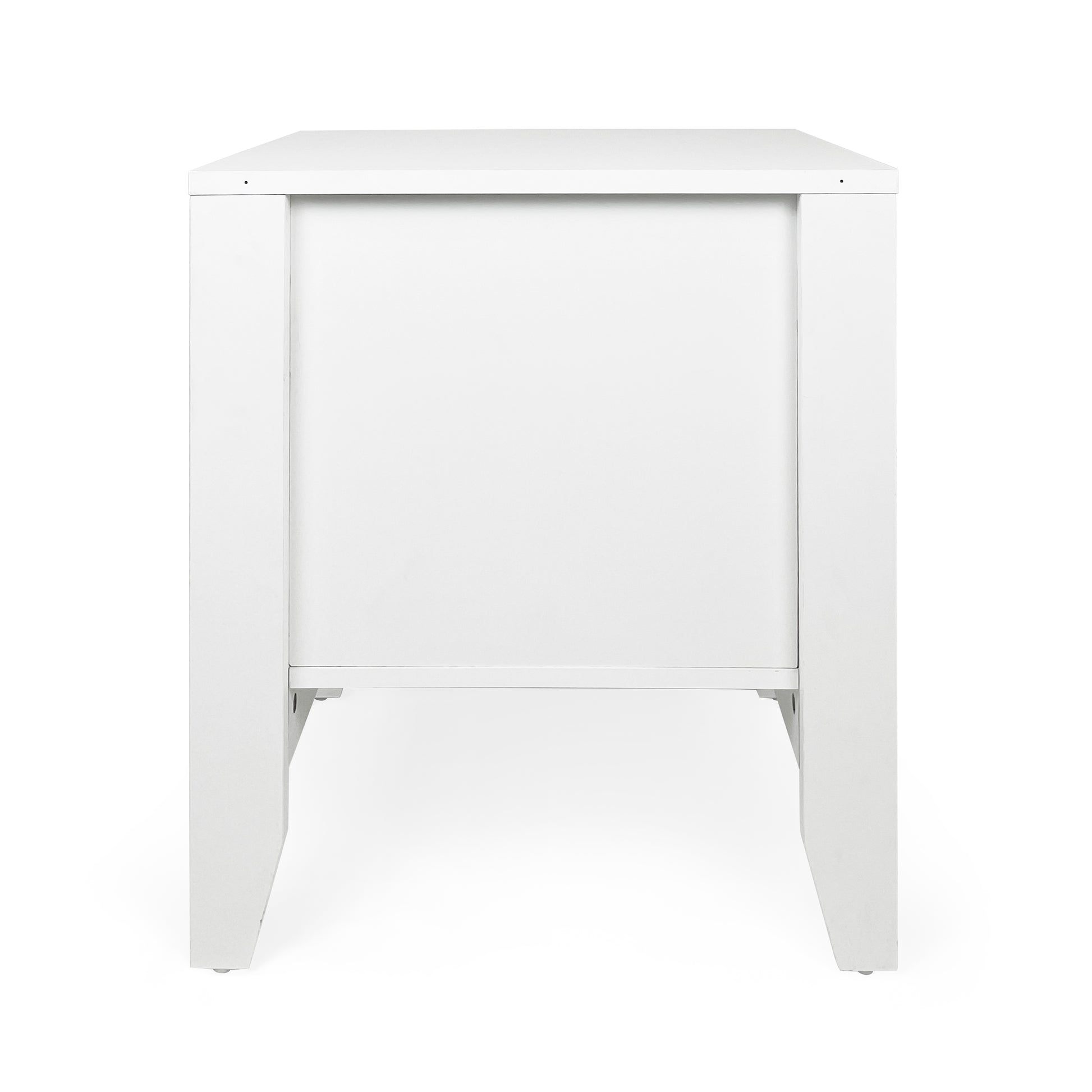 Minimalist white bedside table with clean lines and angled legs
