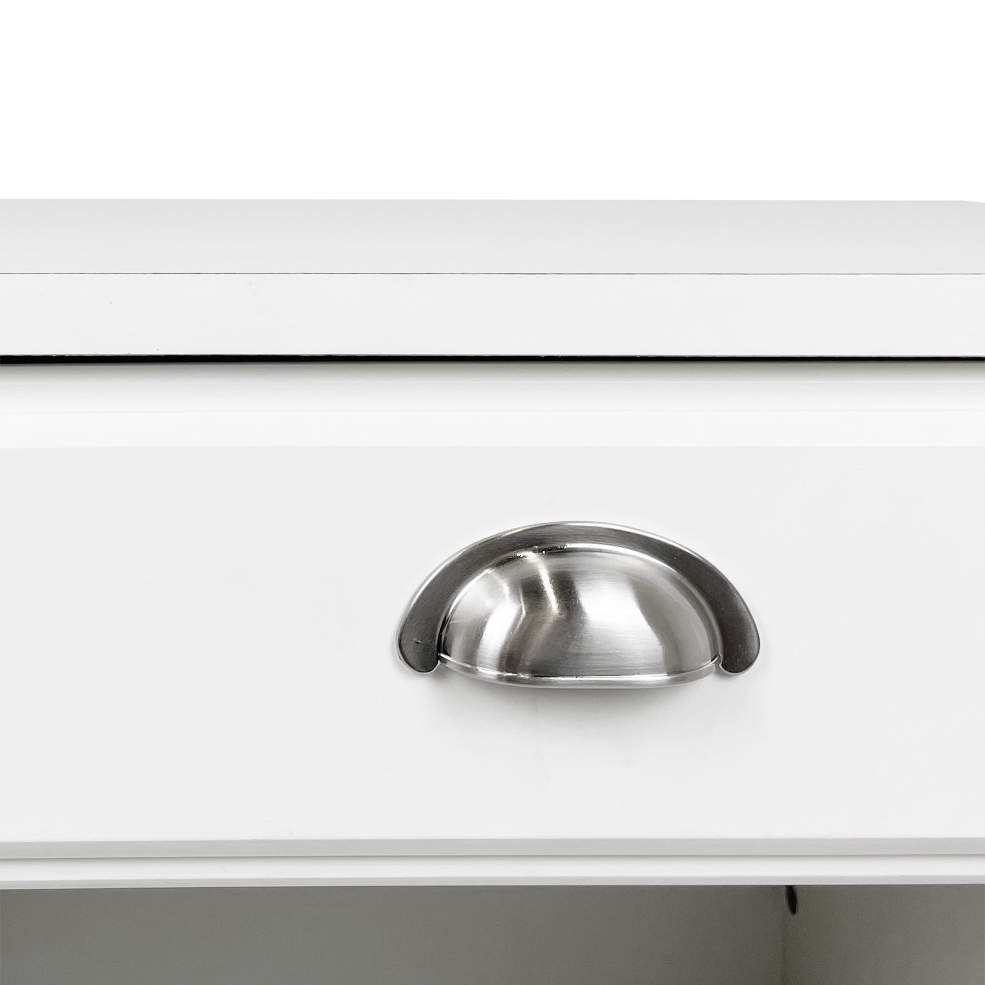 White drawer with brushed nickel cup pull