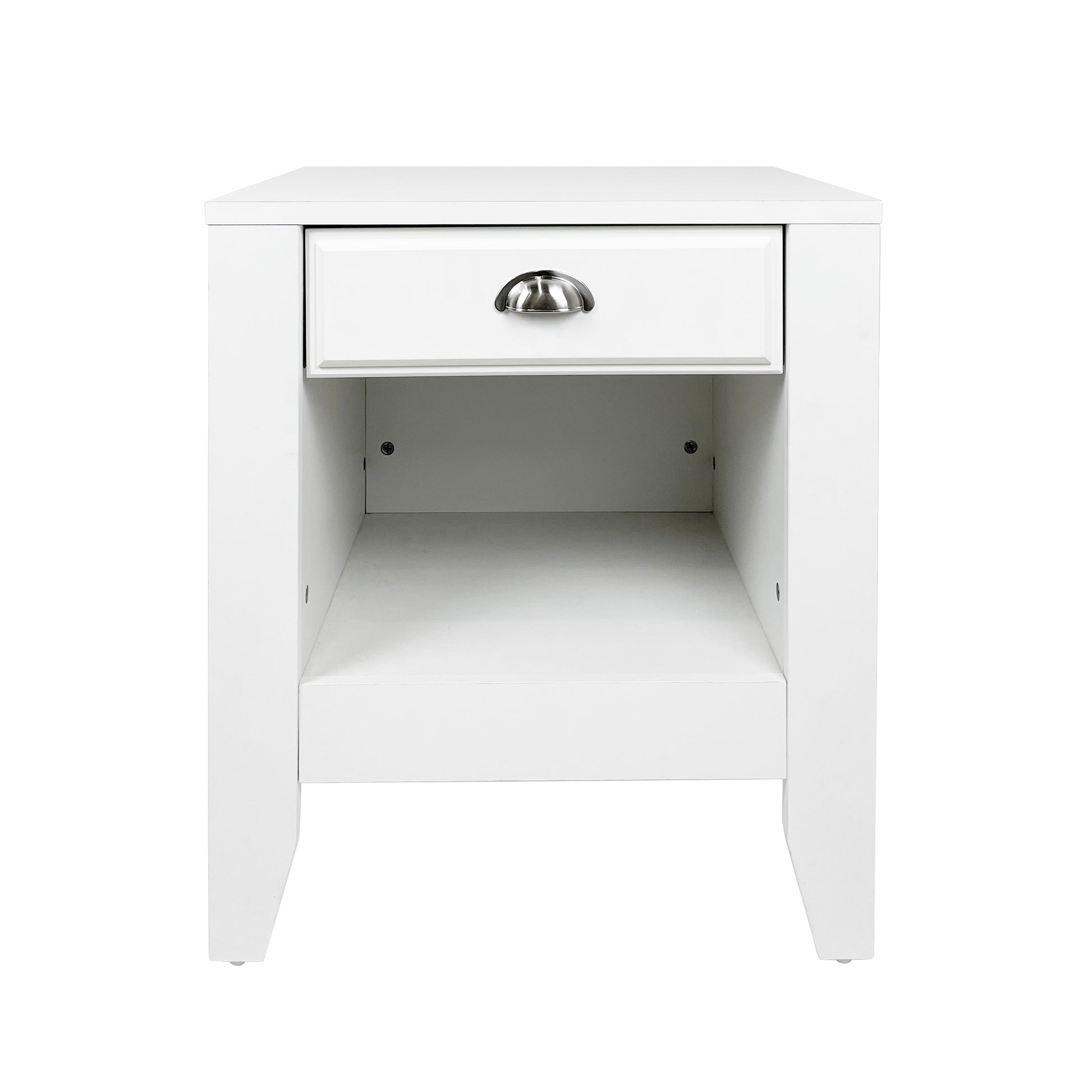 Modern white wooden nightstand with one drawer and open shelf