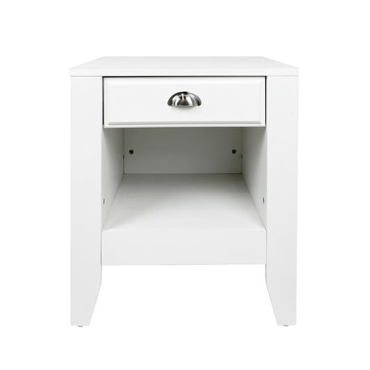 Modern white wooden nightstand with one drawer and open shelf