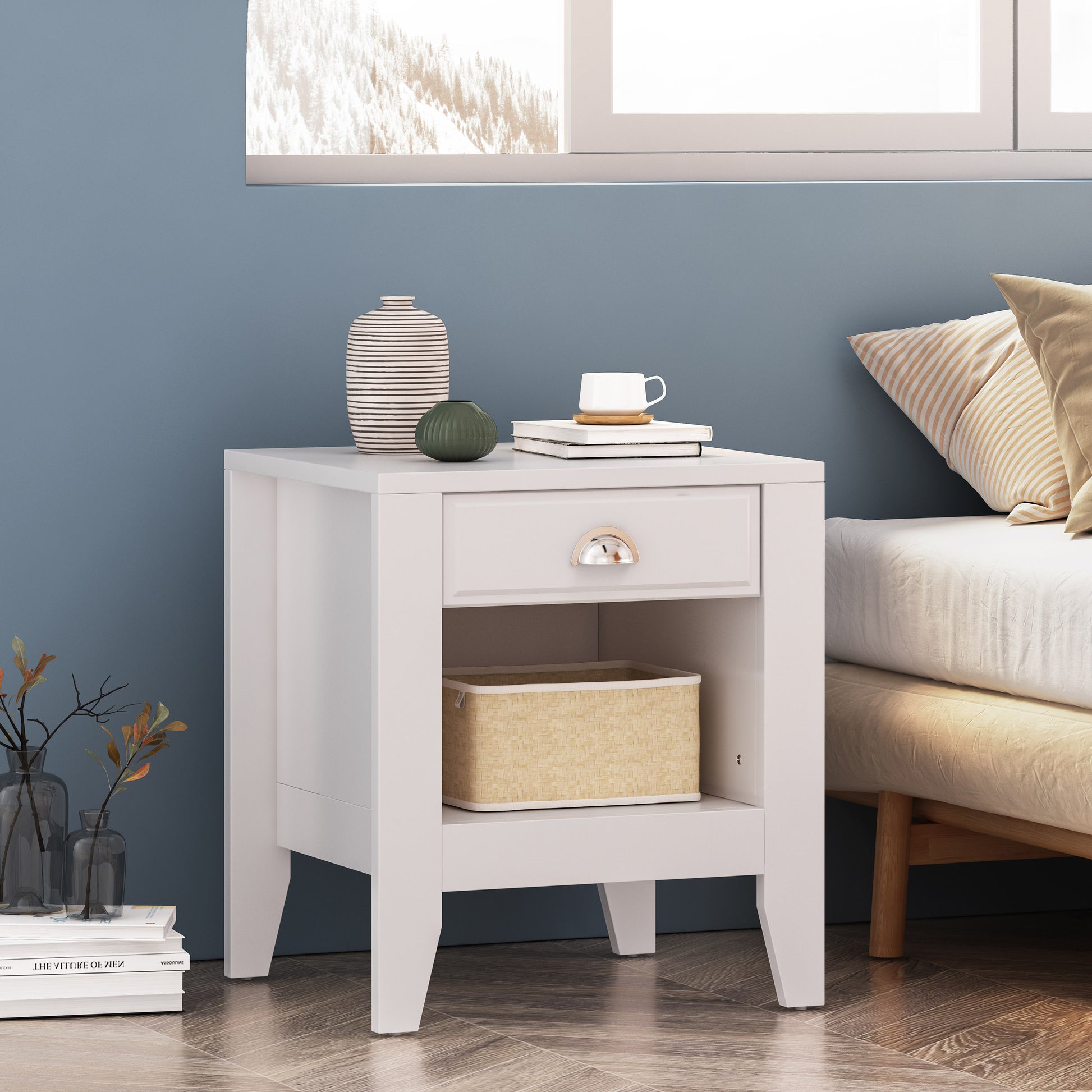 White minimalist nightstand with one drawer and open shelf