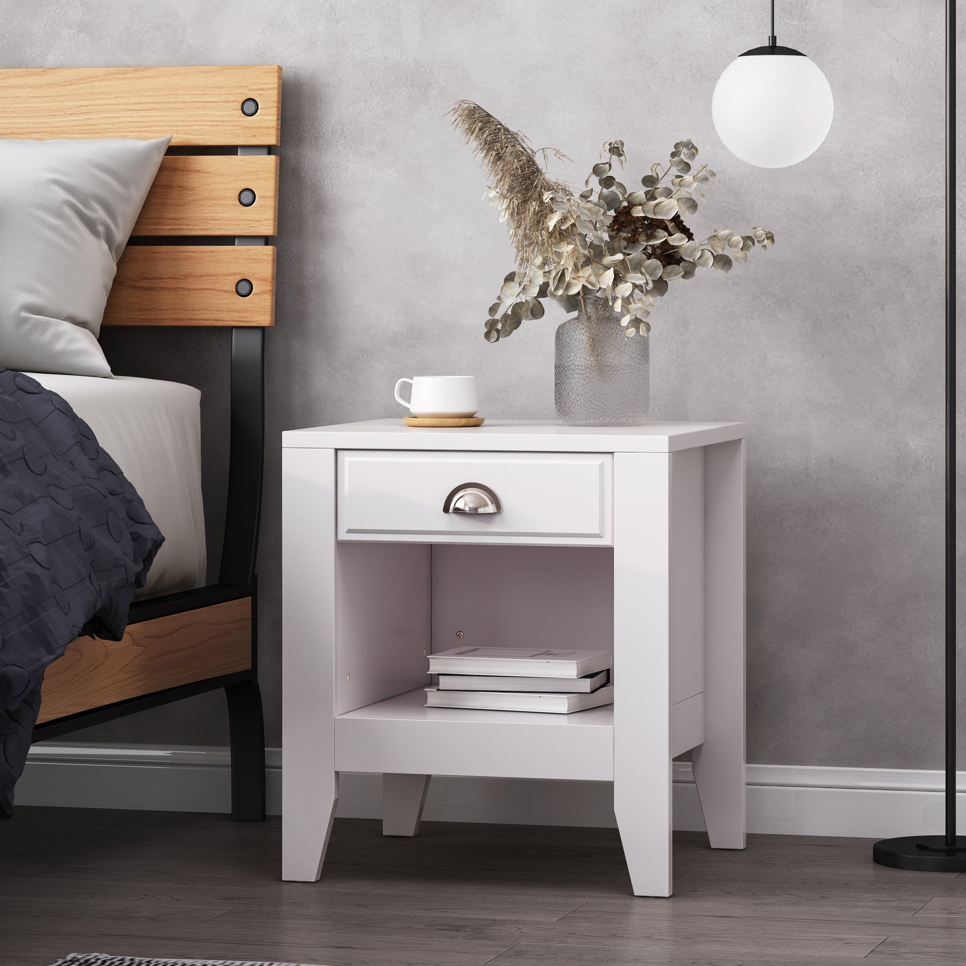 White modern nightstand with one drawer and open shelf