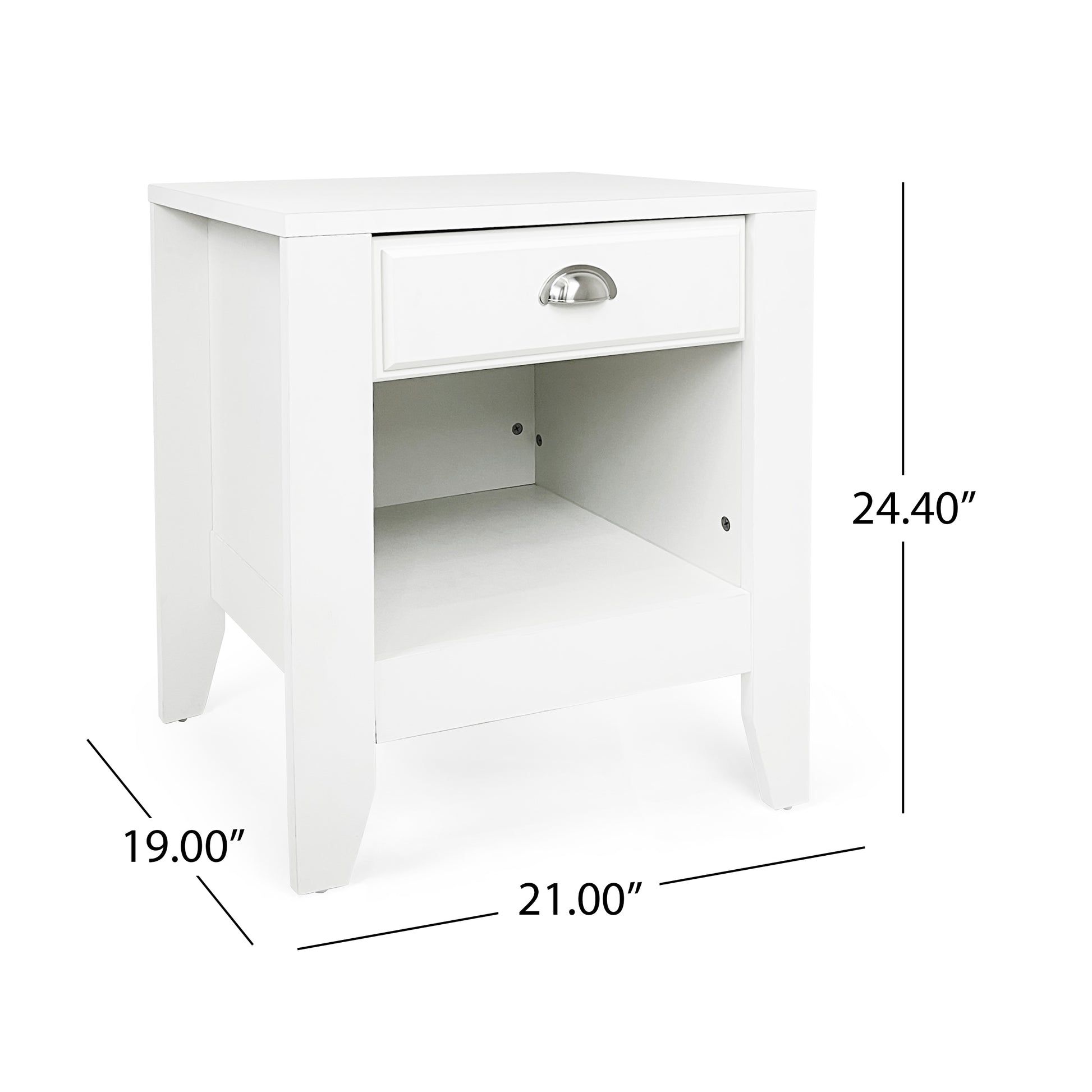 White modern nightstand with one drawer and an open shelf