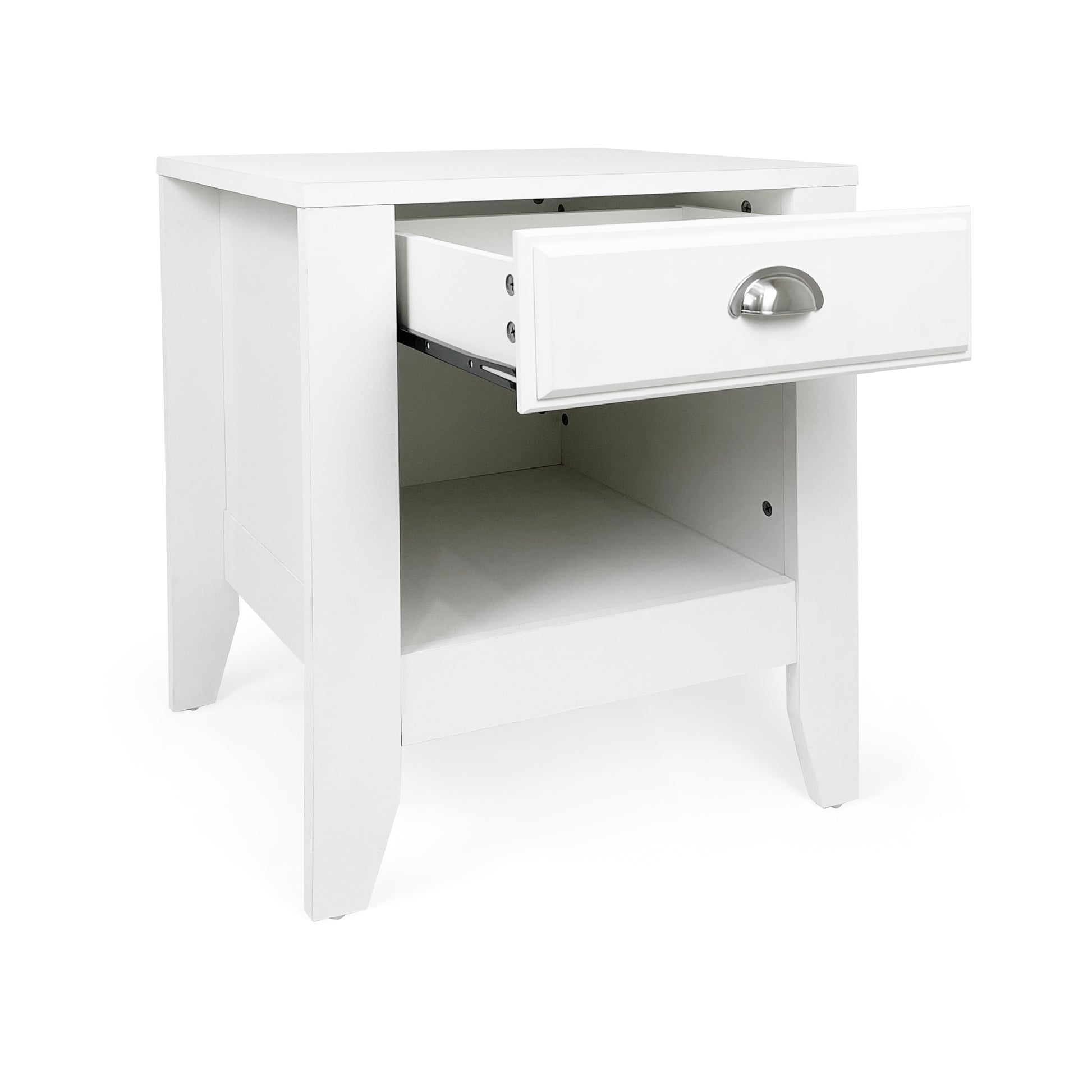 White modern nightstand with open drawer and silver cup pull