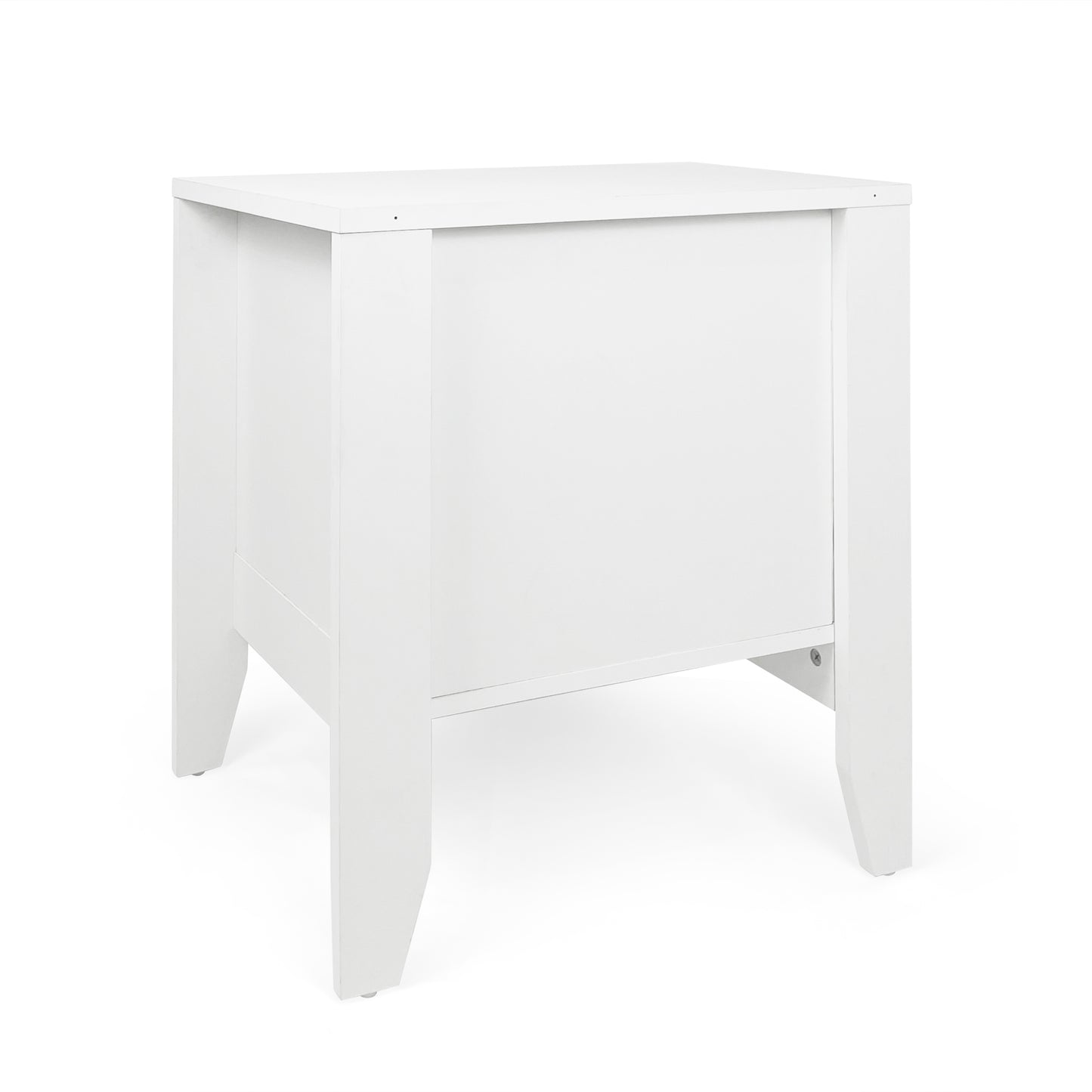 Modern white bedside table with clean lines and tapered legs