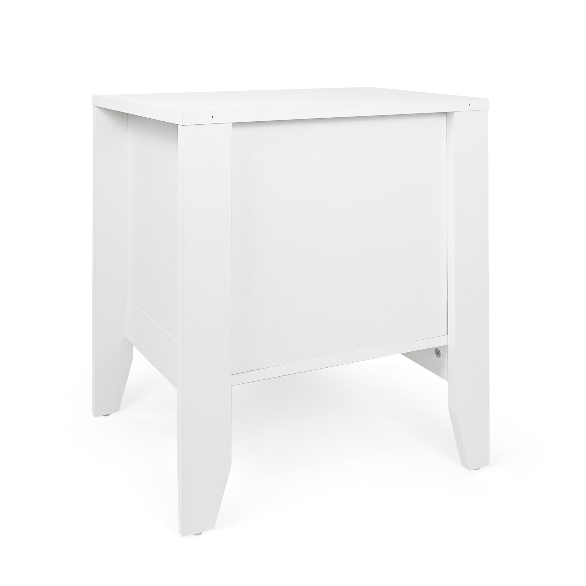 Modern white bedside table with clean lines and tapered legs