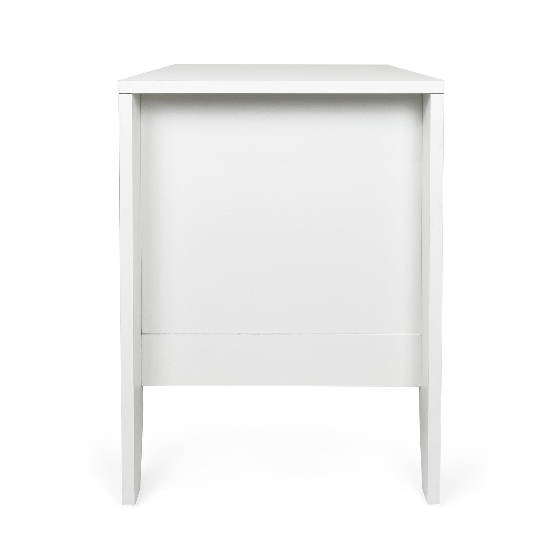 Minimalist white bedside table with clean lines and open storage shelf
