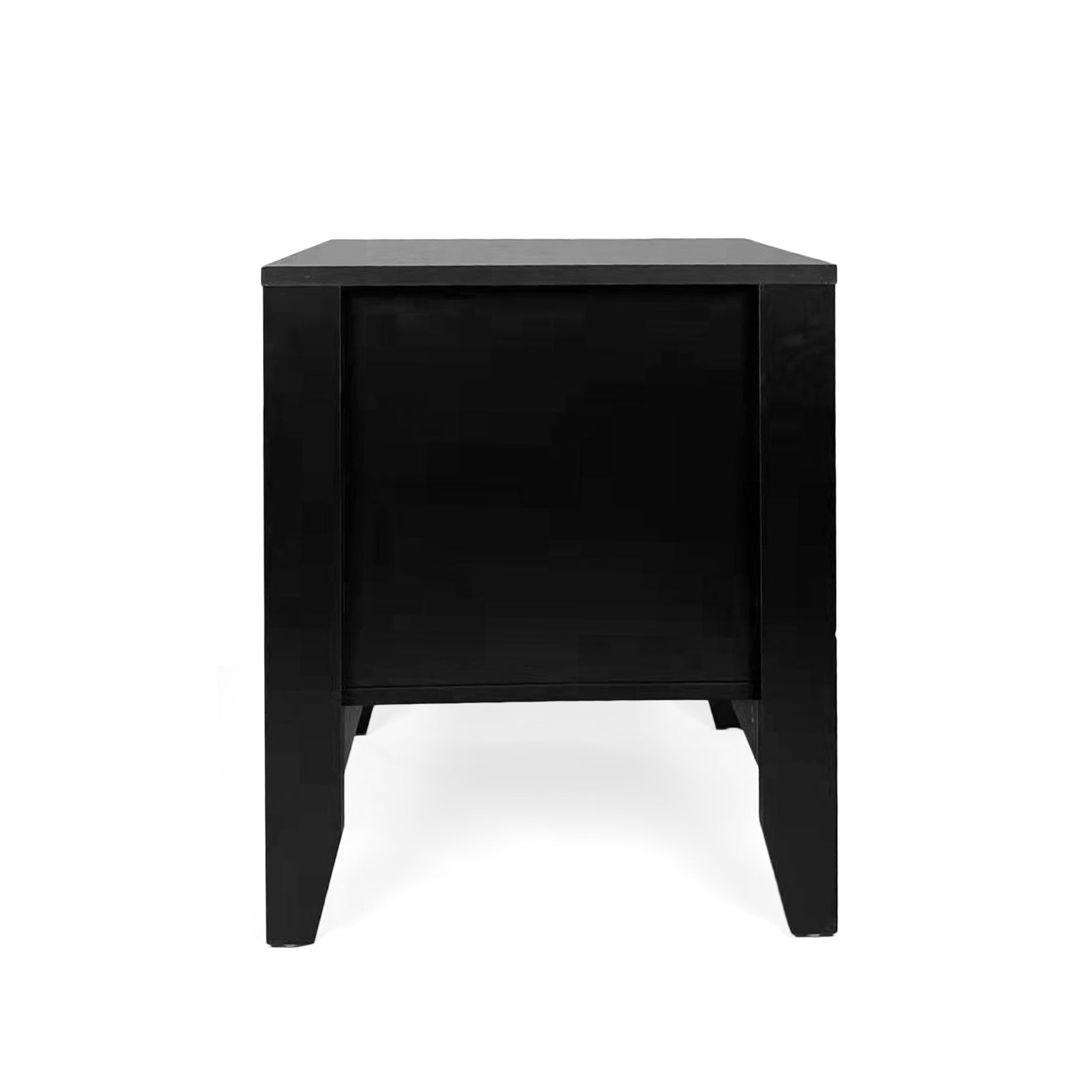 Sleek black wood bedside table with tapered legs