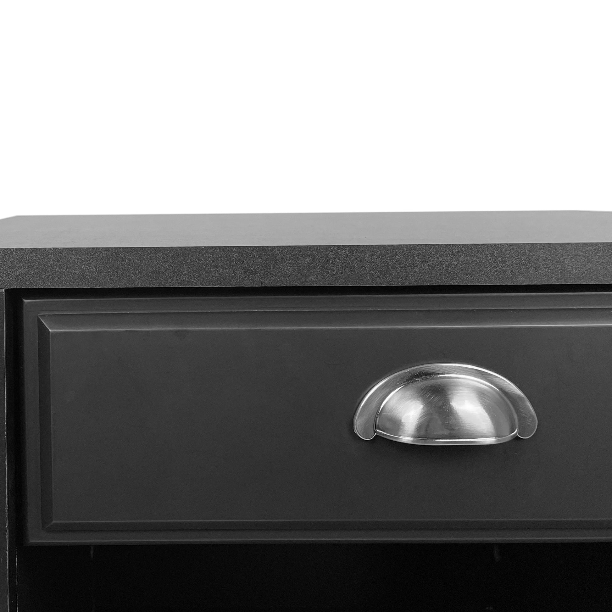 Dark gray cabinet drawer with brushed nickel bin pull handle