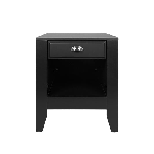 Classic black bedside table with drawer and open shelf