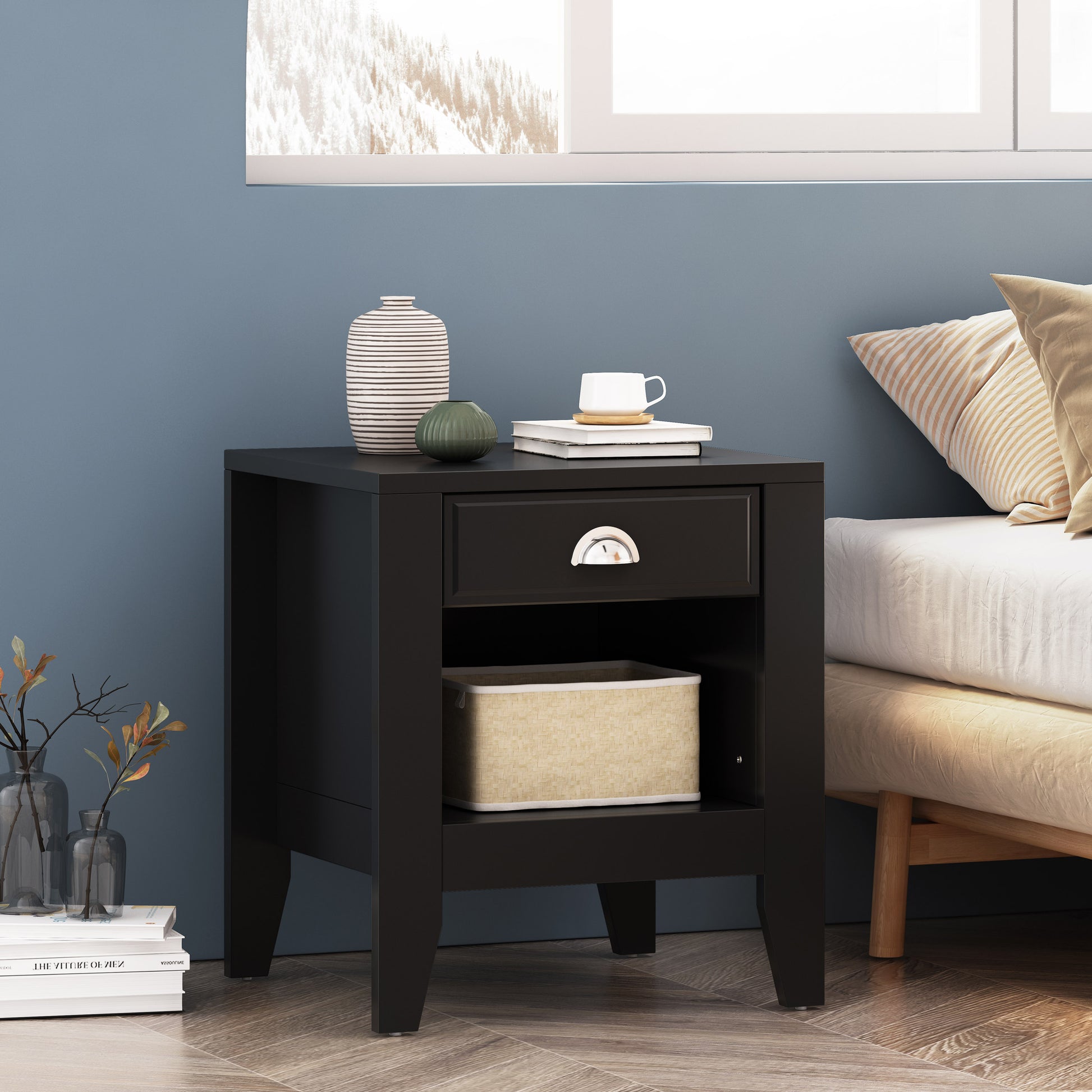 Black modern nightstand with one drawer and an open shelf