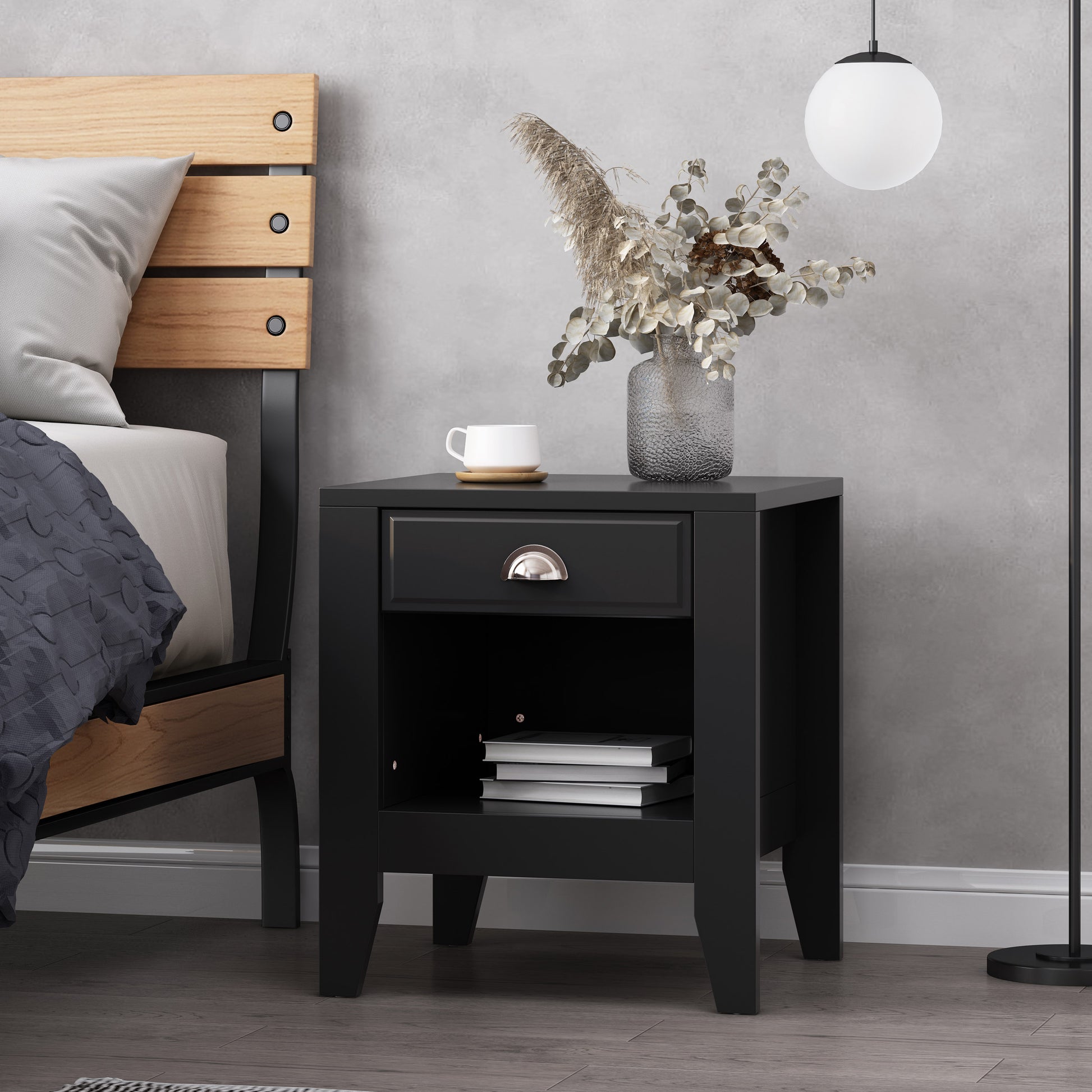 Black wooden nightstand with drawer and open shelf