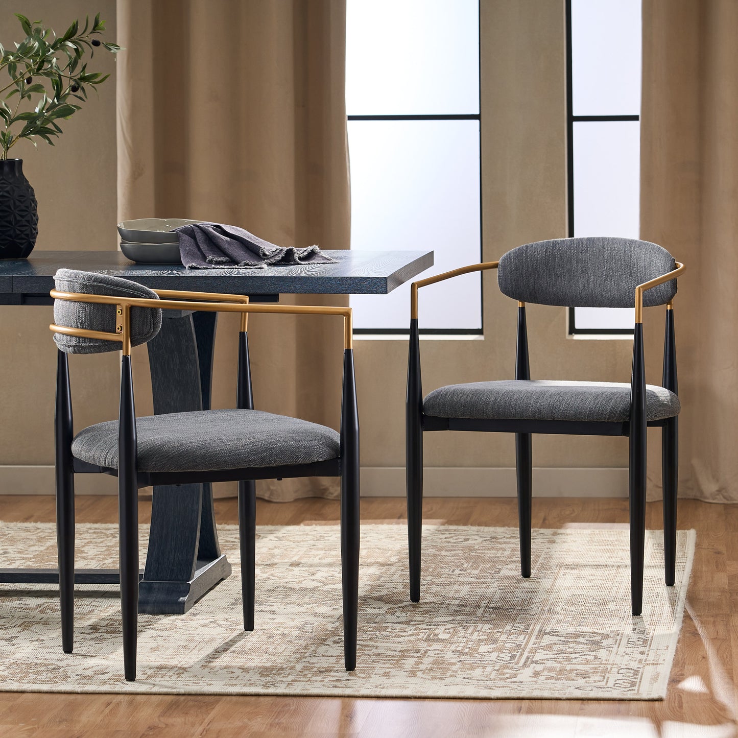 TREATLIFE HOME Set of 2 Modern Upholstered Dining Chairs with Gold Accents, Charcoal Color, Stylish Design