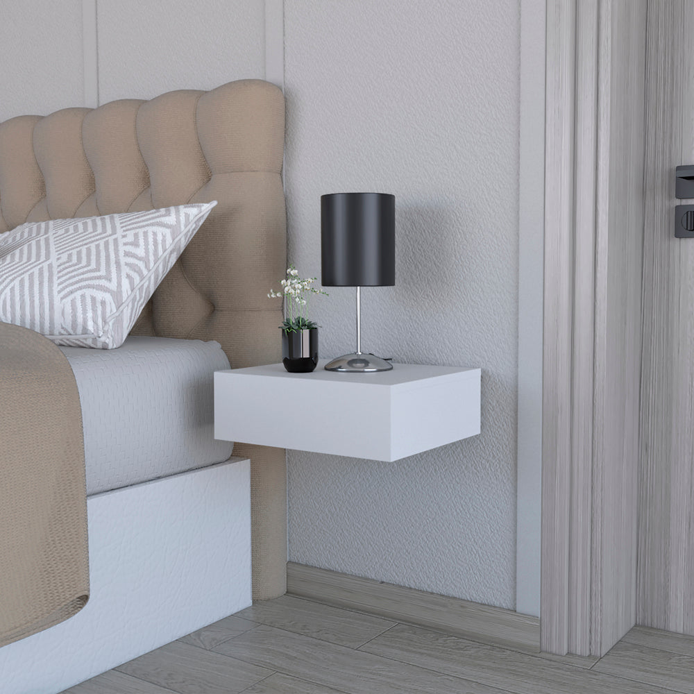Modern white floating nightstand with chrome accent lamp