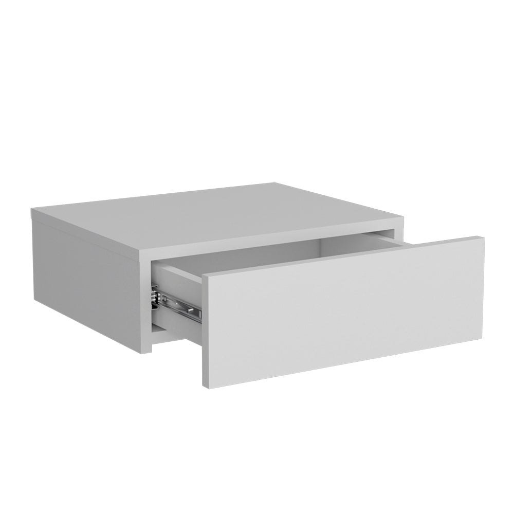 White modern floating nightstand with one open drawer showing metal runners