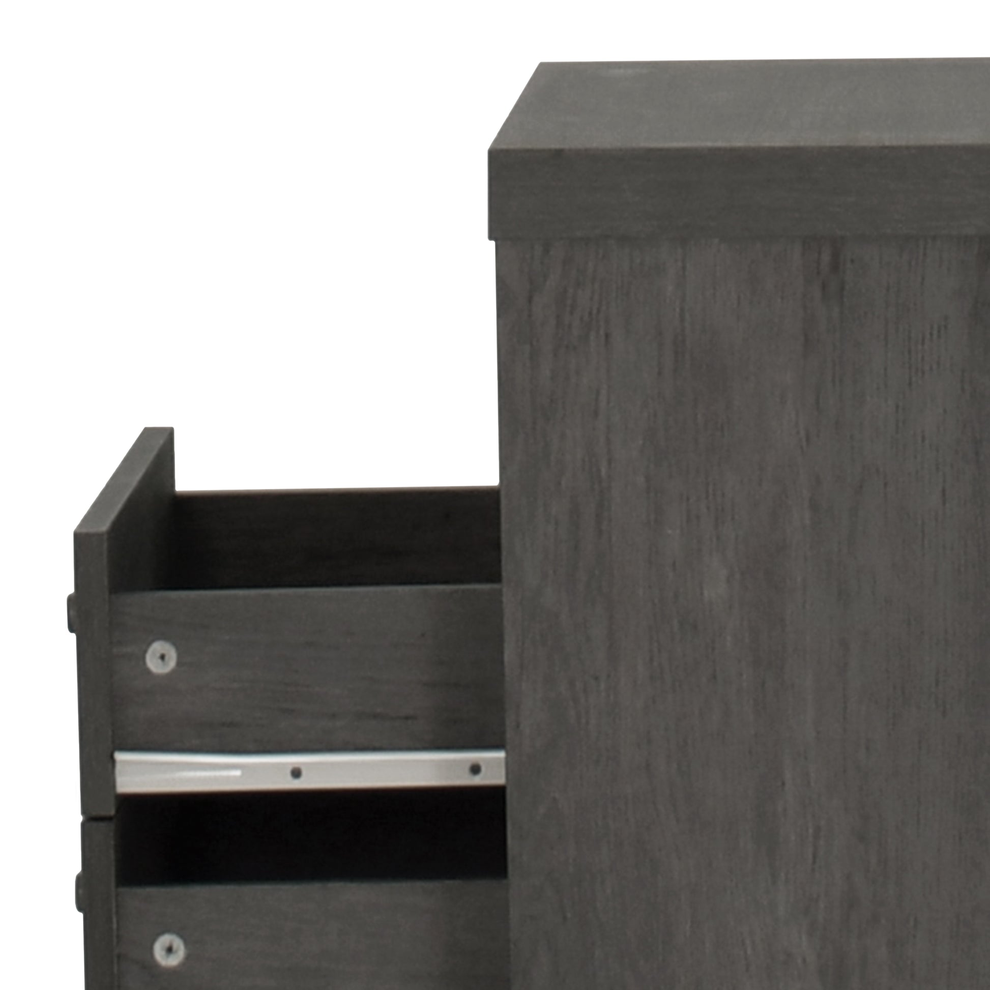 Dark gray wood bedside table with one drawer pulled out
