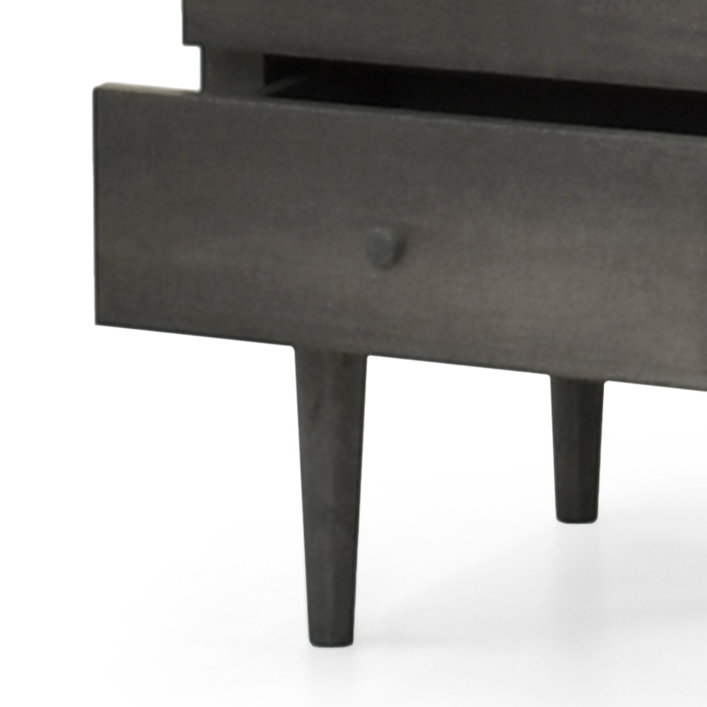 Dark gray wooden dresser drawer detail with tapered legs
